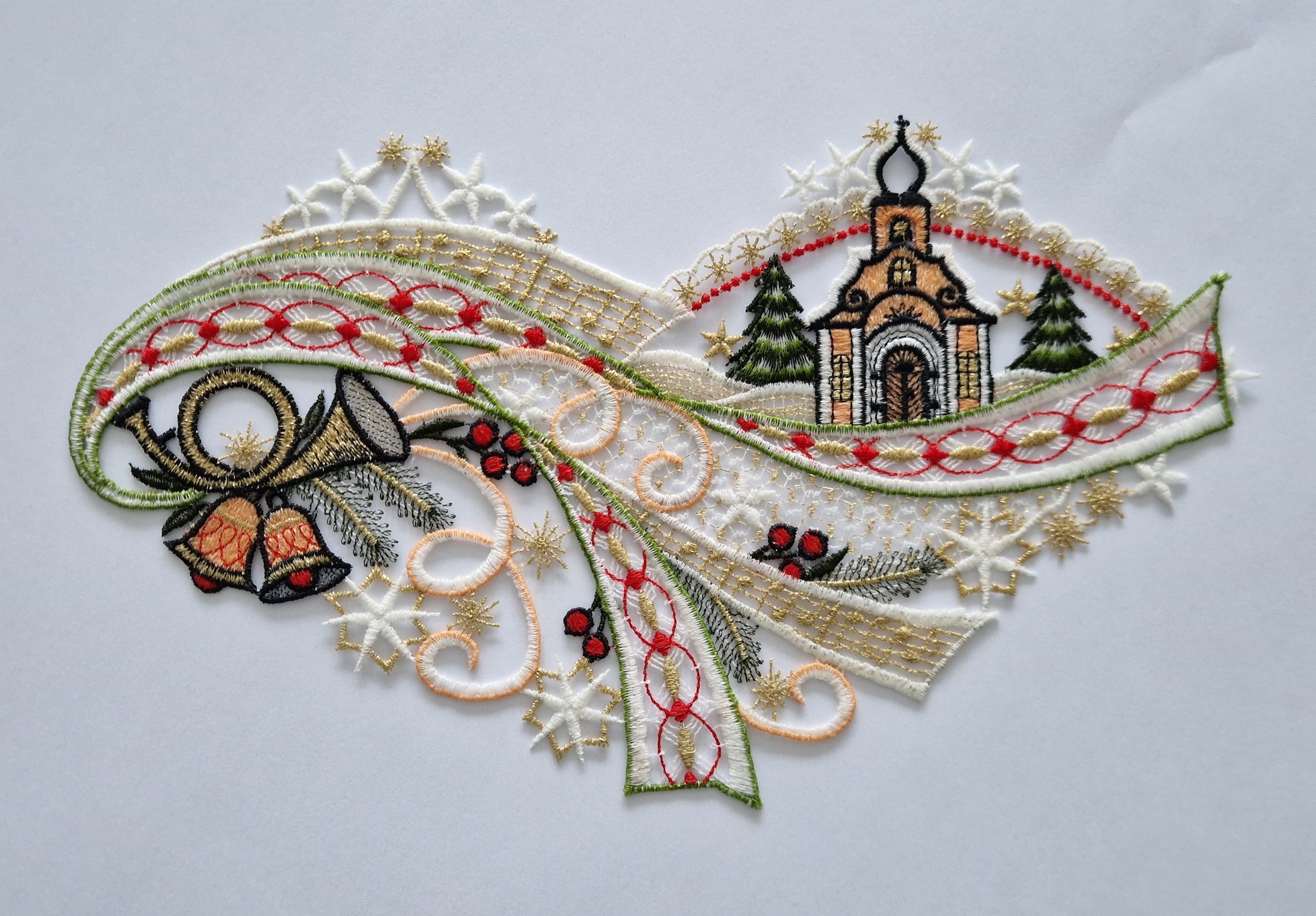 Stickereien Plauen Fensterbild "Fensterbild Kirche mit Glocken" echte Plauener Stickerei