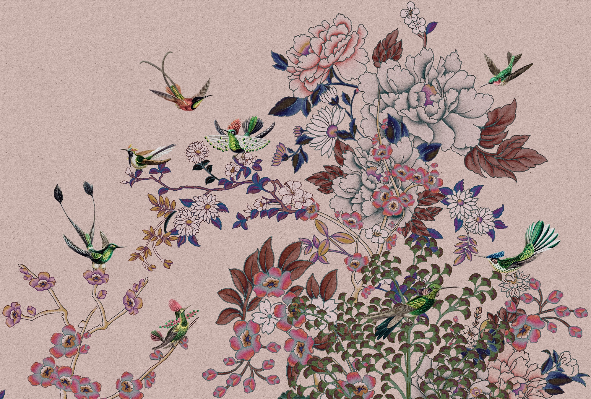 living walls Vliestapete »Kolibri-Tapete florales Muster – Vögel & Blumen« matt glatt