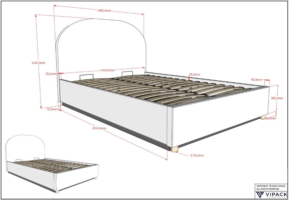 Vipack Boxbett »Moon, mit Lattenrost und Stauraum, modernes Design«, (gerundetes Kopfteil und in 2 Breiten erhältlich), inkl. Massivholz Füßen in natur, 3 Stoff Farben zur Auswahl