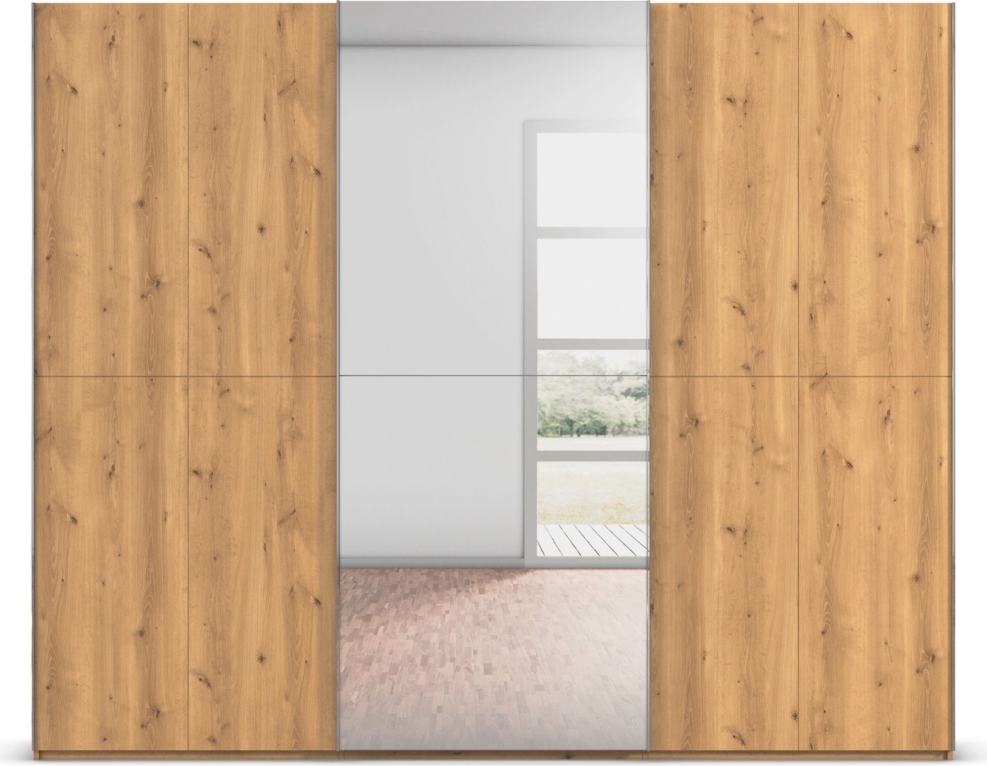 rauch Schwebetürenschrank »Kleiderschrank Schrank Garderobe Schlafzimmerschrank SCALE-WOOD«, edle geteilte Front in massiver Asteiche mit Spiegel MADE IN GERMANY