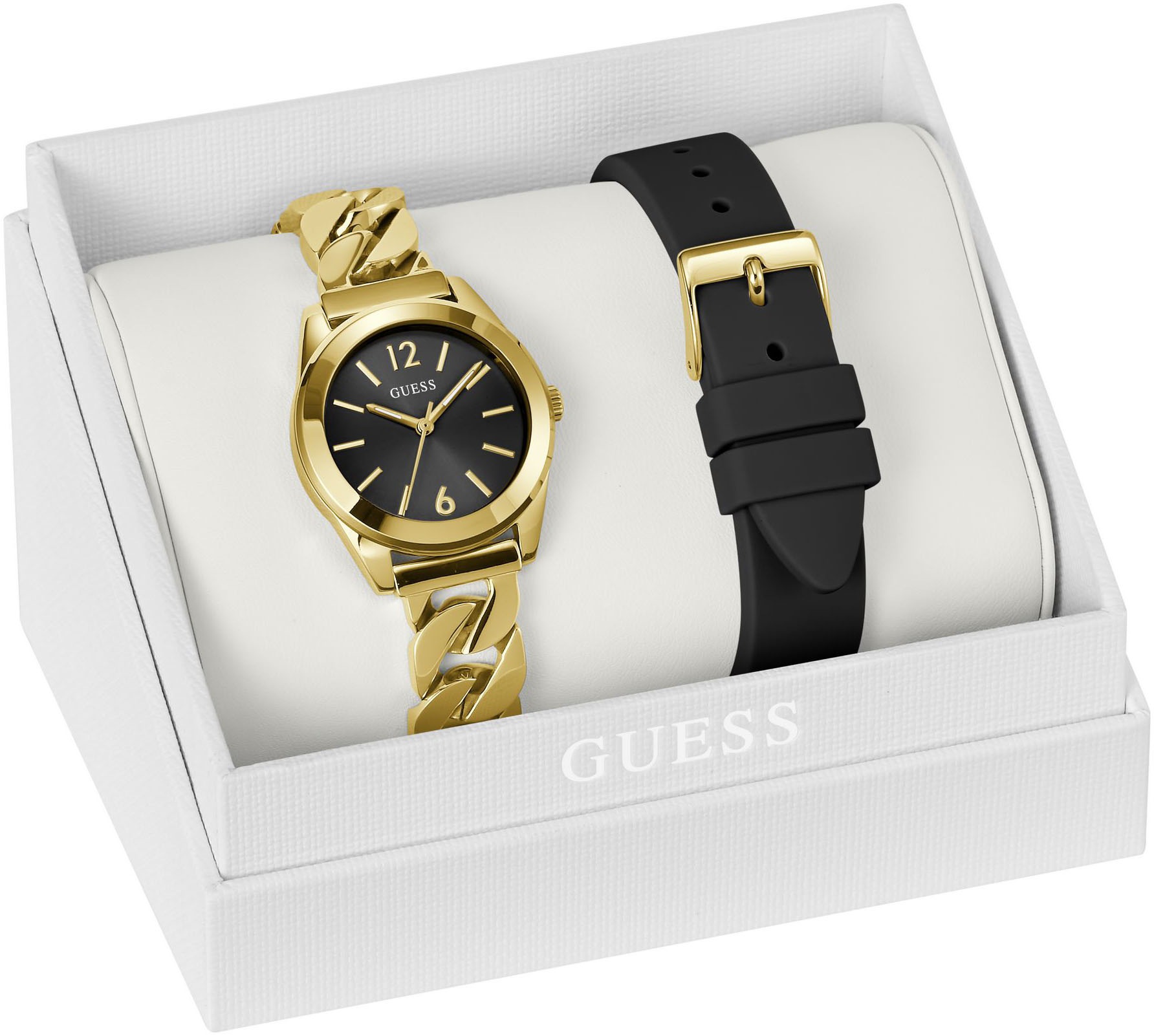 Guess Quarzuhr »SERENA«, (Set, 2 tlg., mit Wechselarmband aus Silikon), Armbanduhr, Damenuhr, Edelstahlarmband, ideal auch als Geschenk