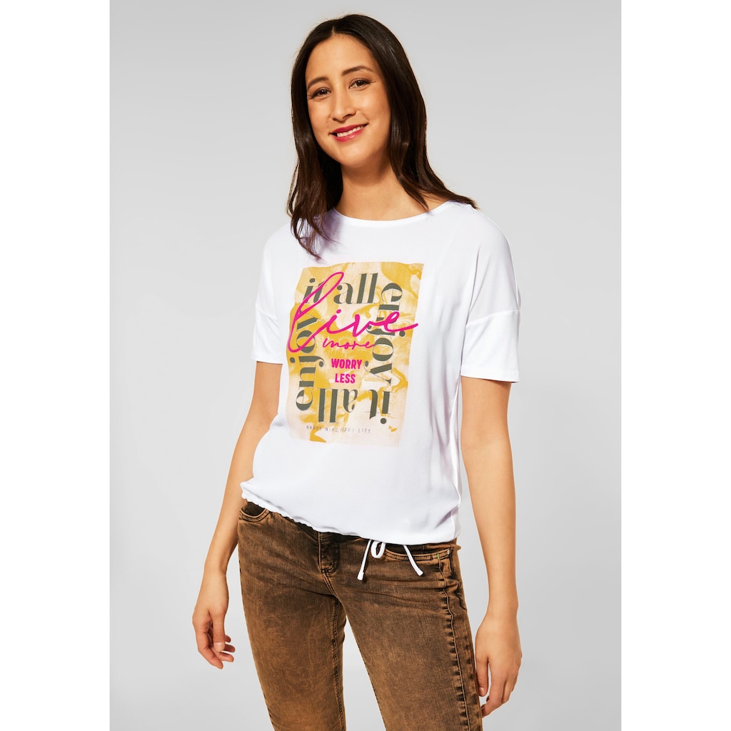 Damenmode Shirts & Sweatshirts STREET ONE Rundhalsshirt, mit Part-Print und Schriftzug weiß-bedruckt Damenmode Shirts & Sweatshirts STREET ONE Rundhalsshirt, mit Part-Print und Schriftzug weiß-bedruckt