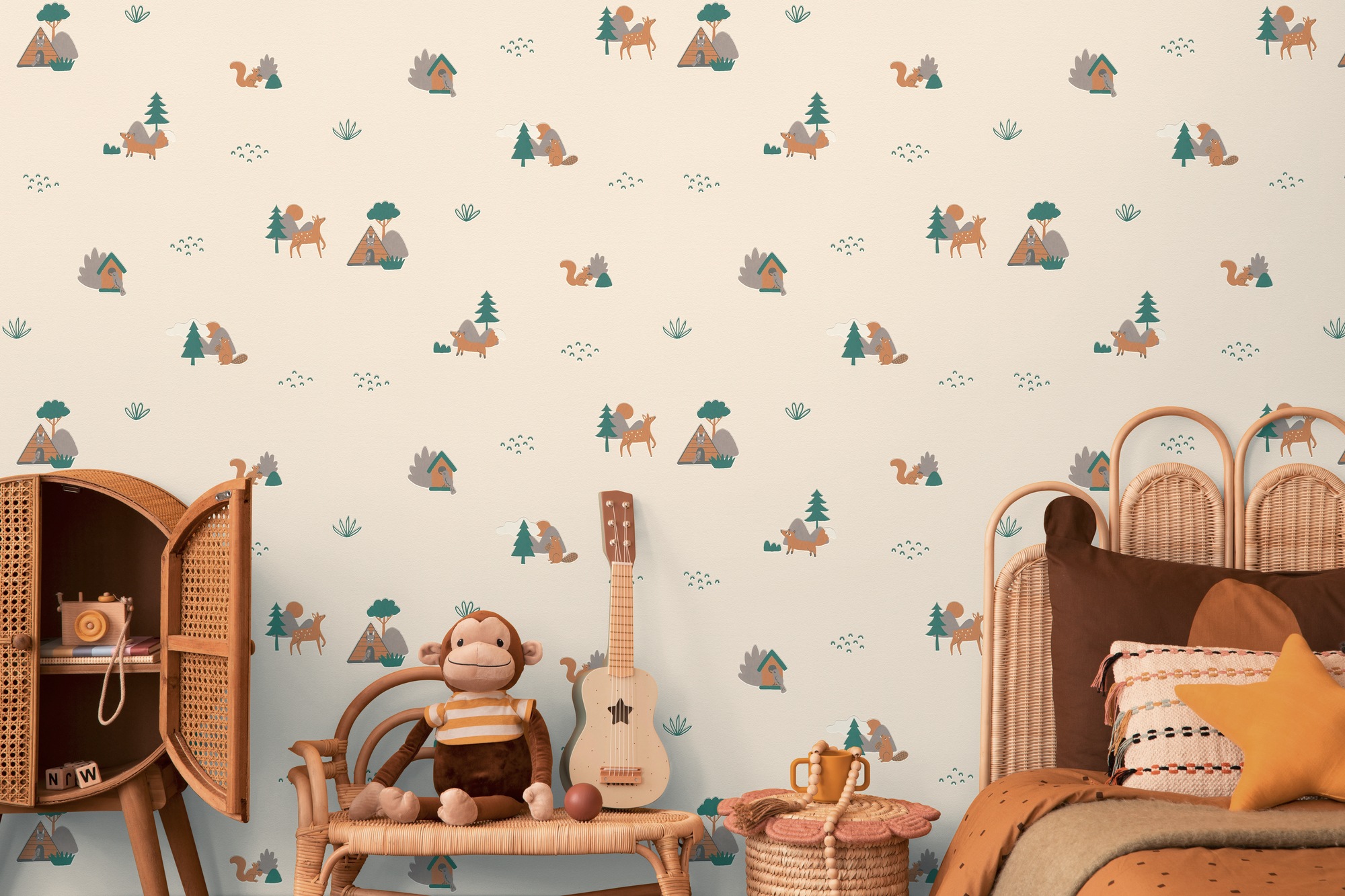 living walls 1100000002199 »Kids Studio Waldtiere – Vliestapete für Kinder« Wald | grafisch | naturalistisch glatt Fuchs, Reh und Eichhörnchen im modernen Scandi-Look