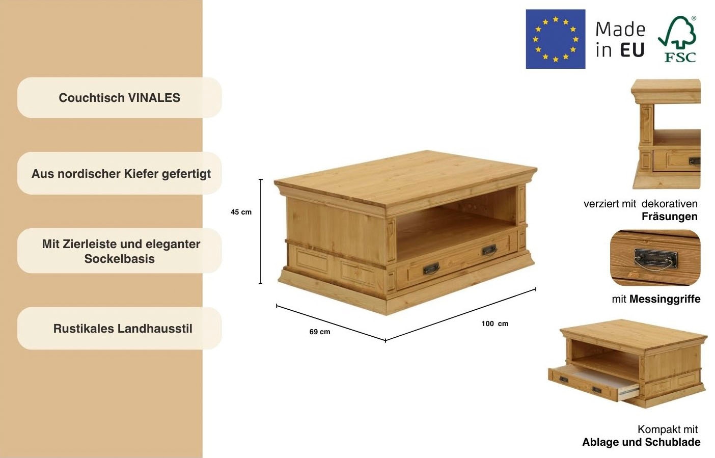 Home affaire Couchtisch »Vinales«, Breite 100 cm, mit 1 Schublade