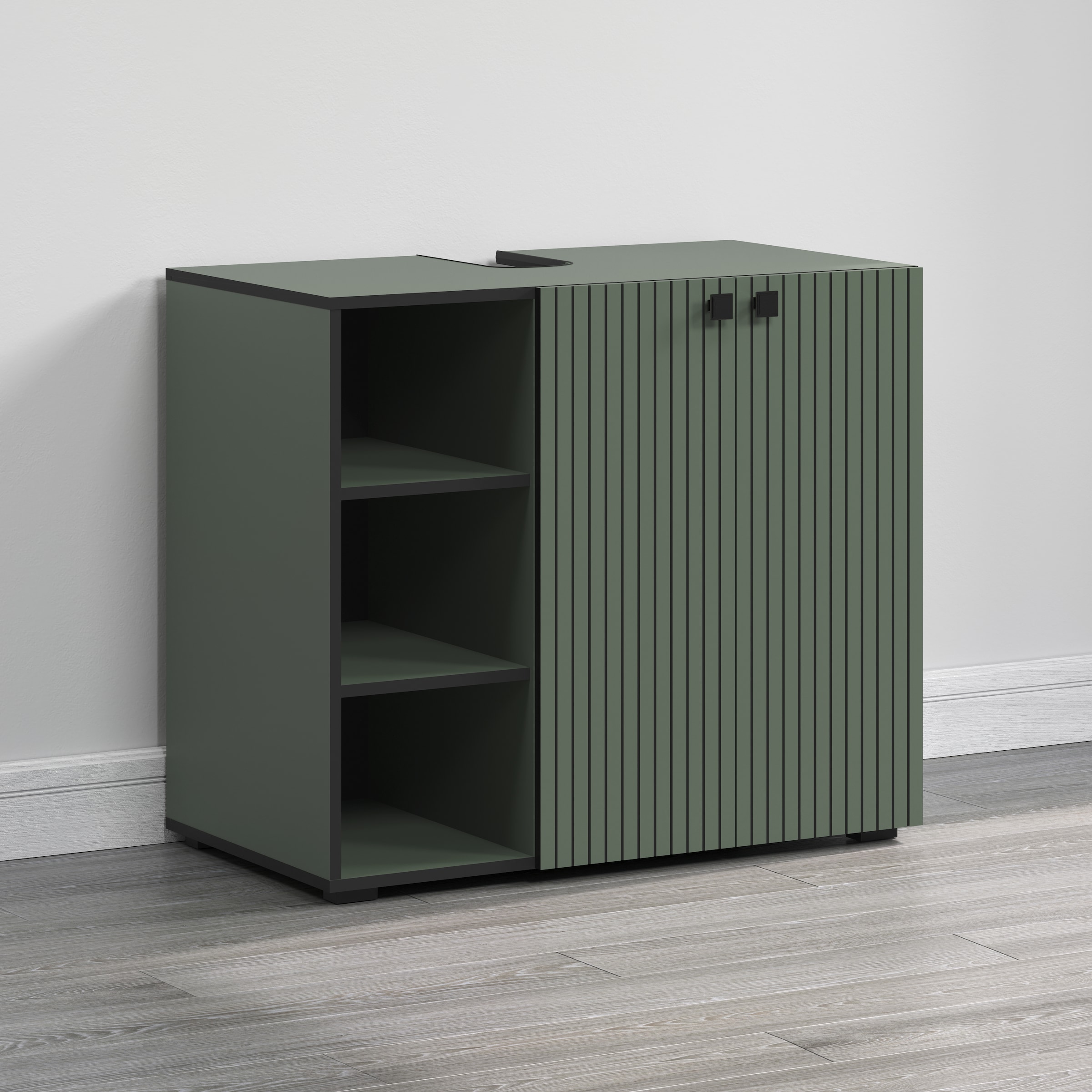 welltime Waschtisch »Amrum Waschbeckenunterschrank und Waschbecken«, Waschbeckenunterschrank mit Rillenoptik - Maße (B/T/H) 90/53/79 cm