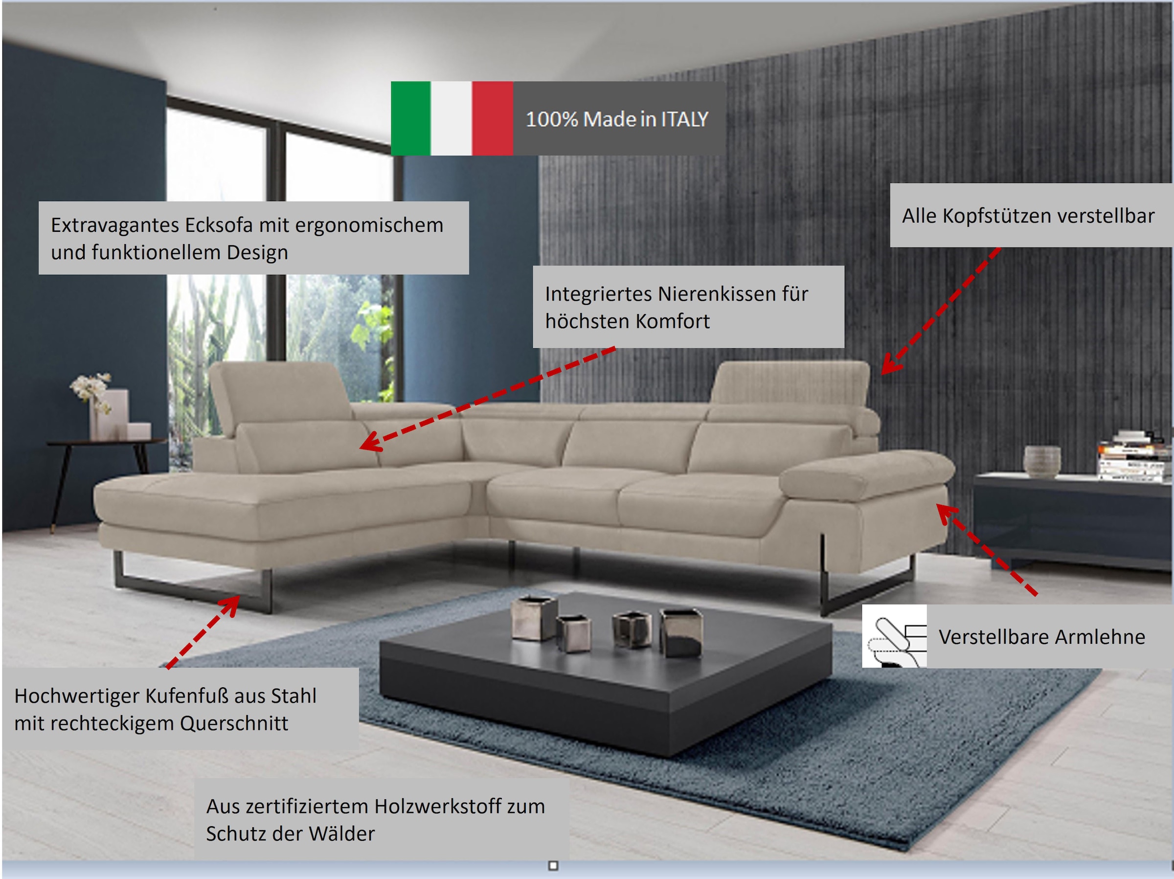 Egoitaliano Ecksofa »Queenie, extravagantes Sofa mit erstklassigem Sitzkomfort«, mit verstellbarer Armlehne und Kopfteilen für Wohlfühlkomfort