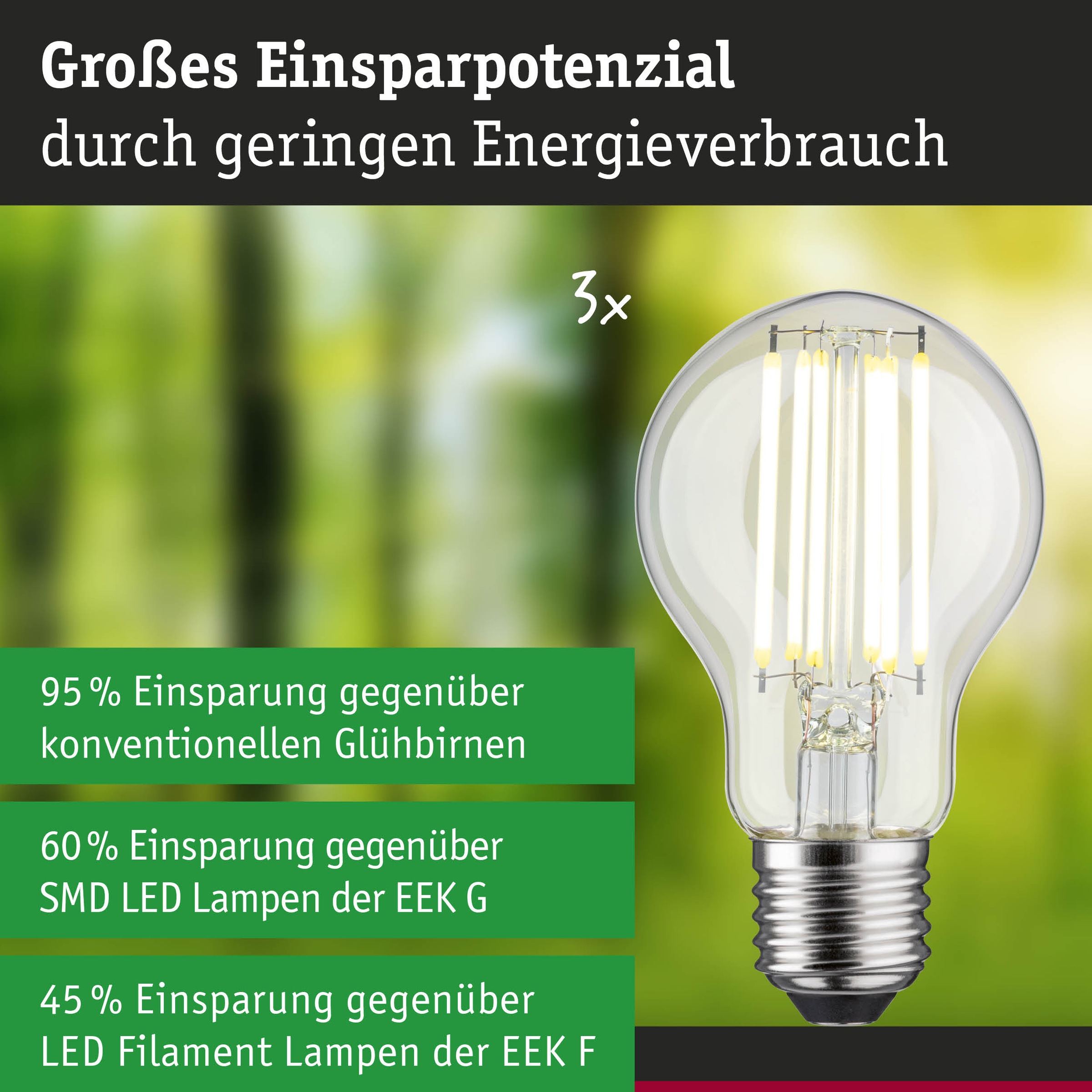 Paulmann LED-Leuchtmittel »Efficient-Line Filament 230V LED Birne E27 3er Set1055lm 5W 3000K Klar« E27 3 Stk. Warmweiß