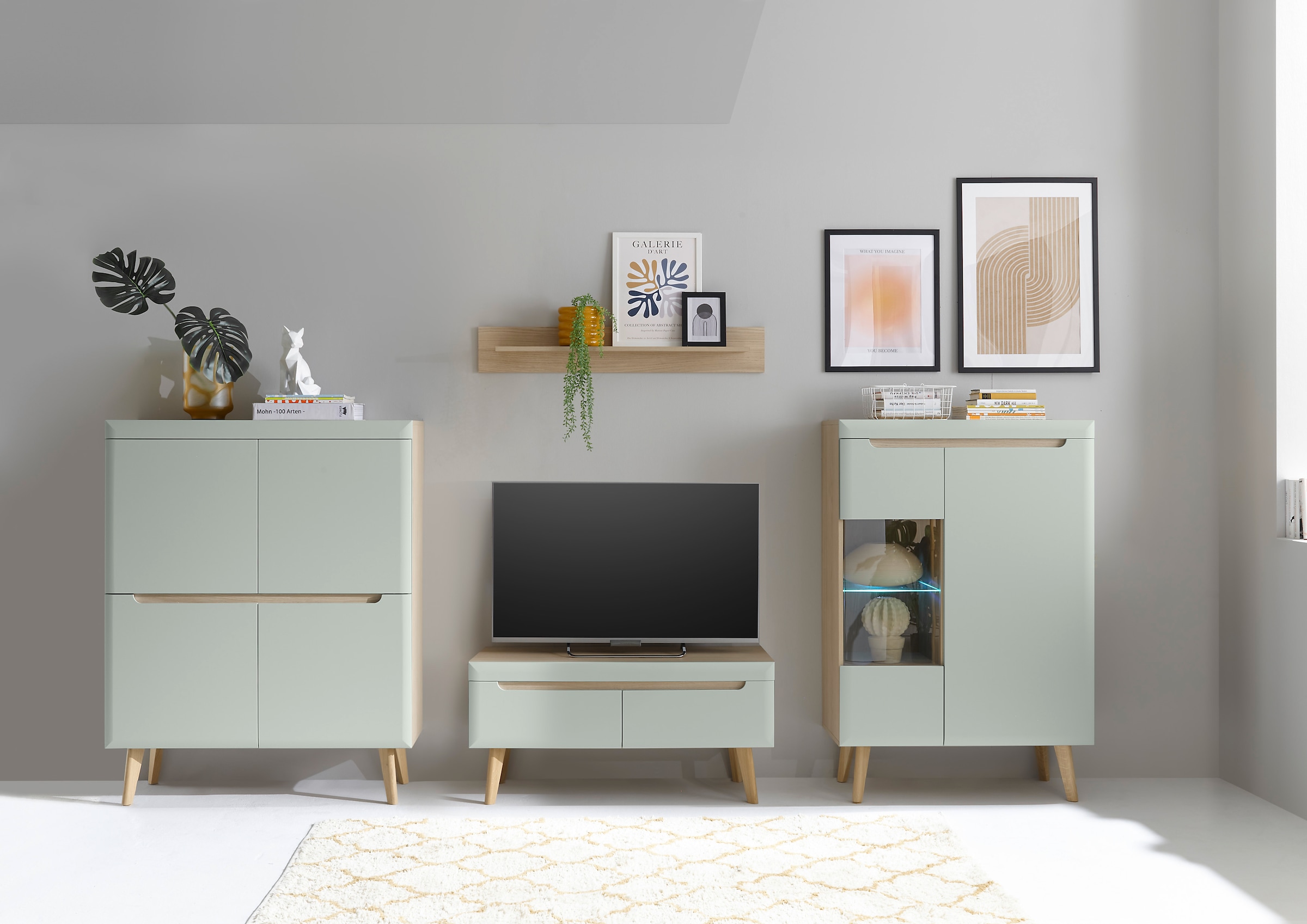 INOSIGN Wohnwand »Torge, Anbauwand, Schrankwand, Mediawand, Wohnzimmer-Set«, (Set, 4 St.), enthält 1 Vitrine, 1 Lowboard, 1 Highboard + 1 Wandboard, 344 cm breit