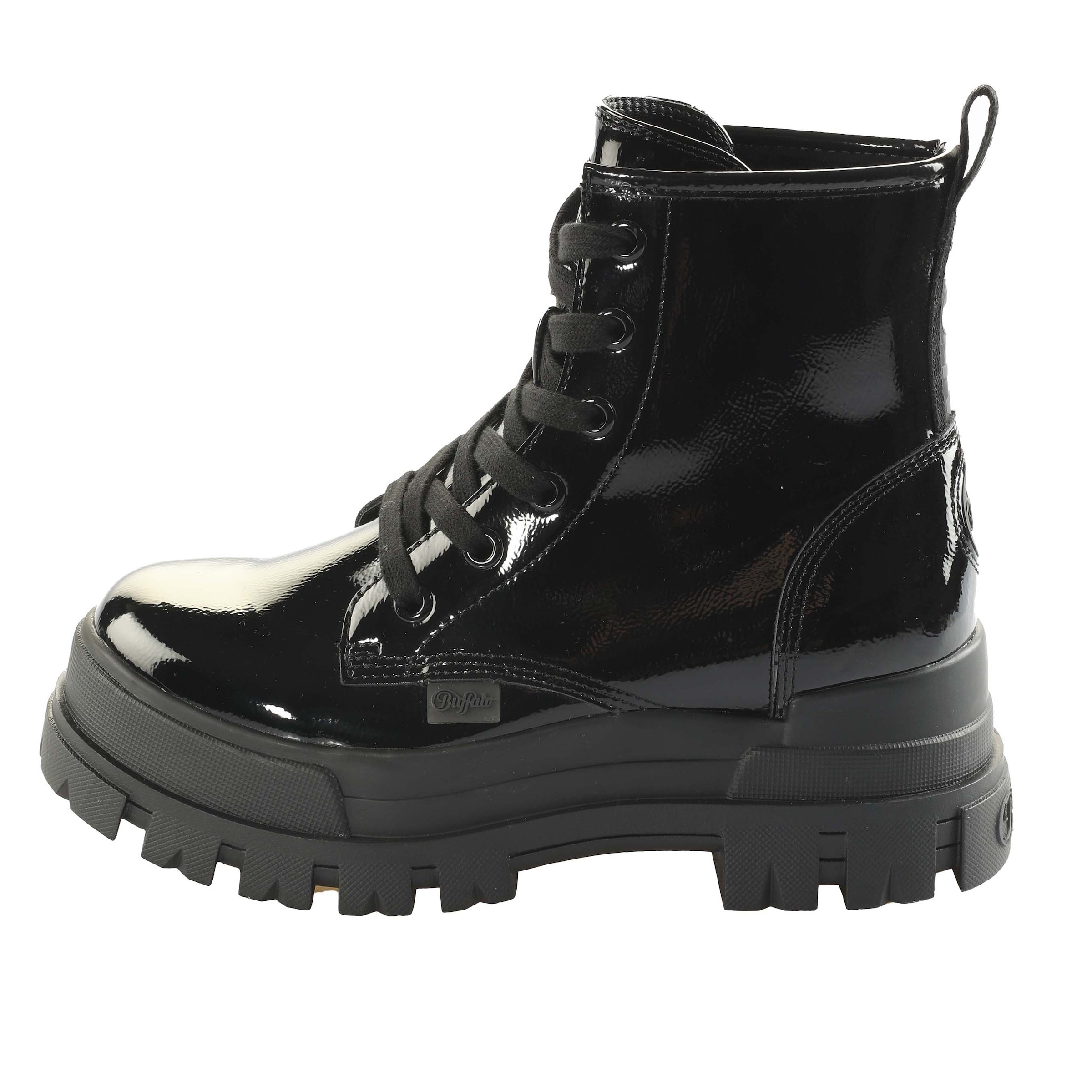 Buffalo Schnürboots »ASPHA RLD VEGAN«, Schnürstiefelette, Plateaustiefelette, Blockabsatz, in Lack-Optik