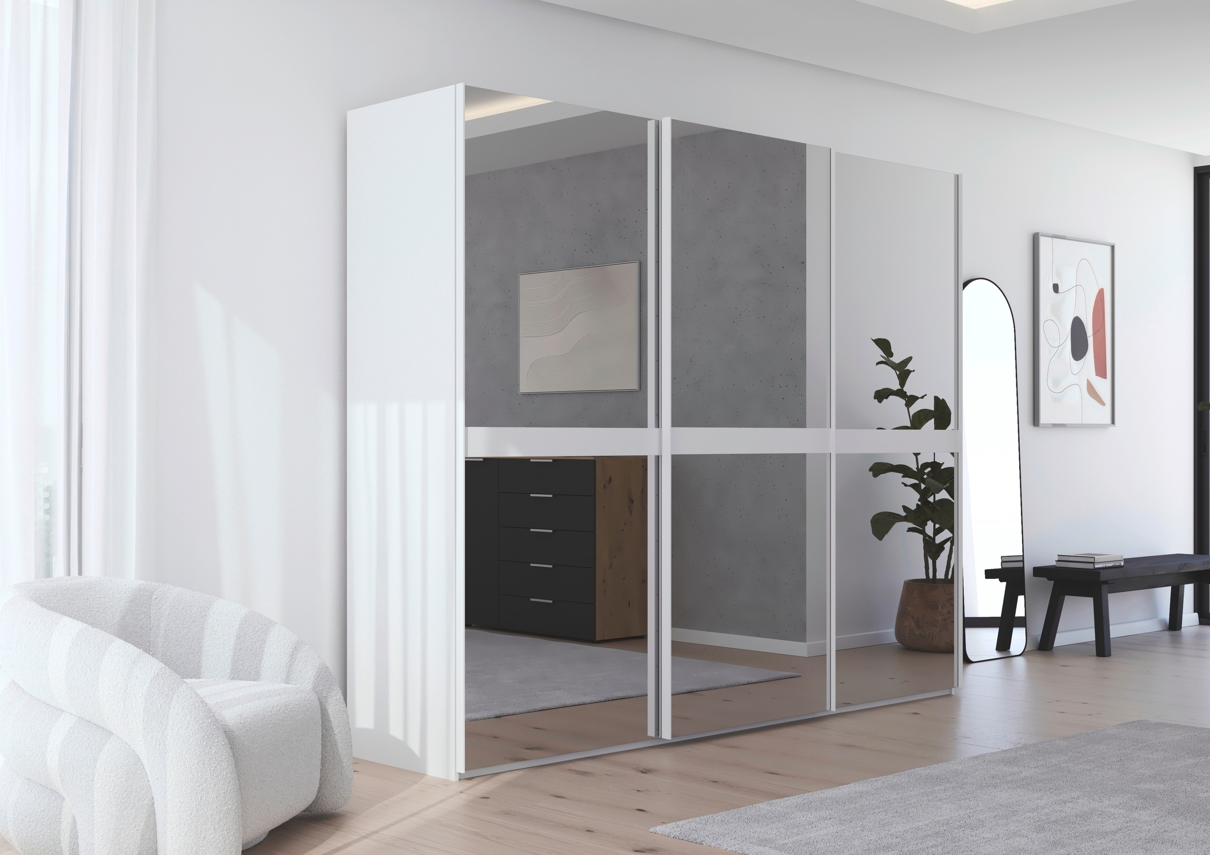 rauch Schwebetürenschrank »Kleiderschrank Schrank Garderobe Schlafzimmerschrank SCALE-LINE«, edle Optik mit Bauchbinde in Korpusfarbe Spiegelfront MADE IN GERMANY