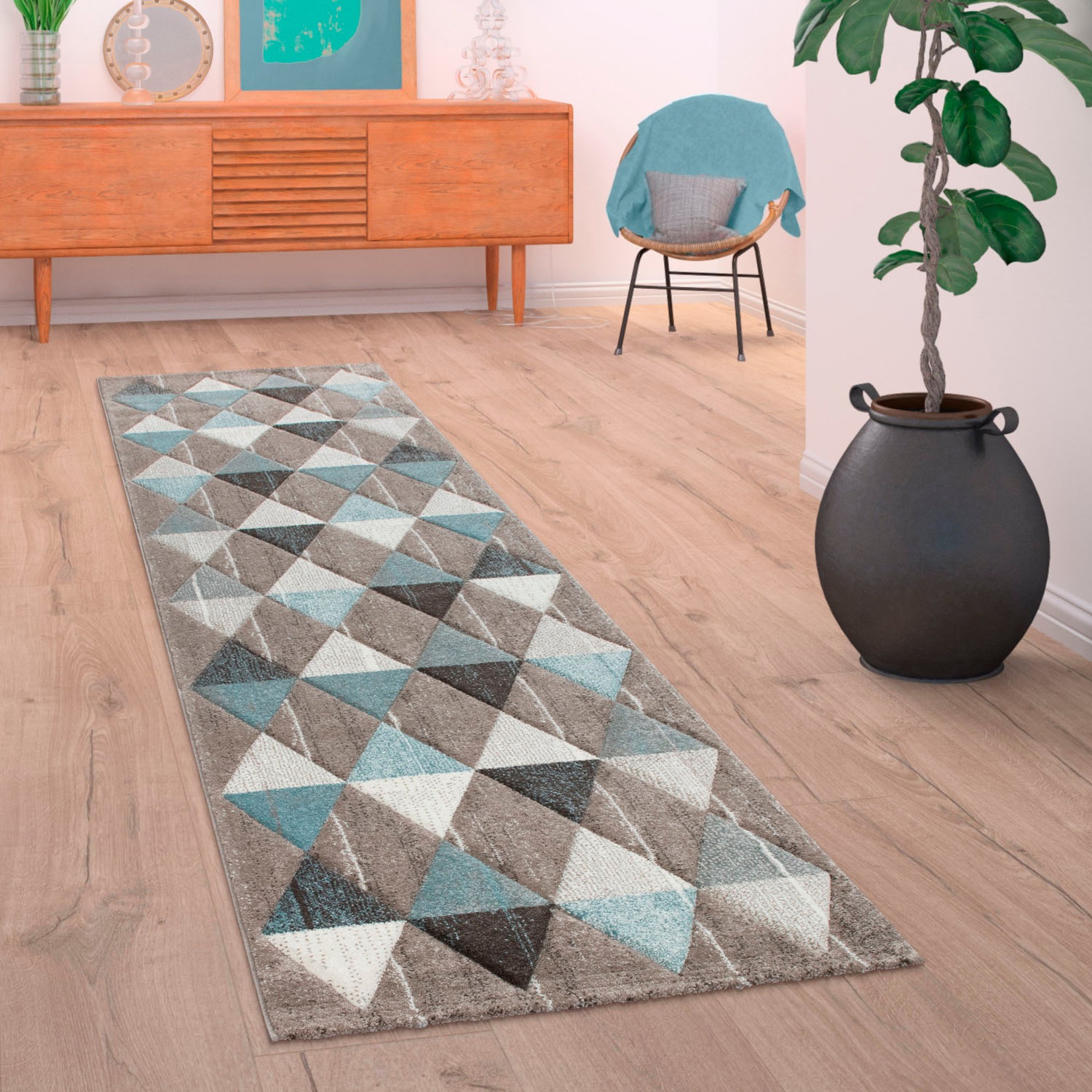 Paco Home Läufer »Lara 234«, rechteckig, 16 mm Höhe, Teppich-Läufer, Kurzflor, modernes Rauten Design, mit Konturenschnitt