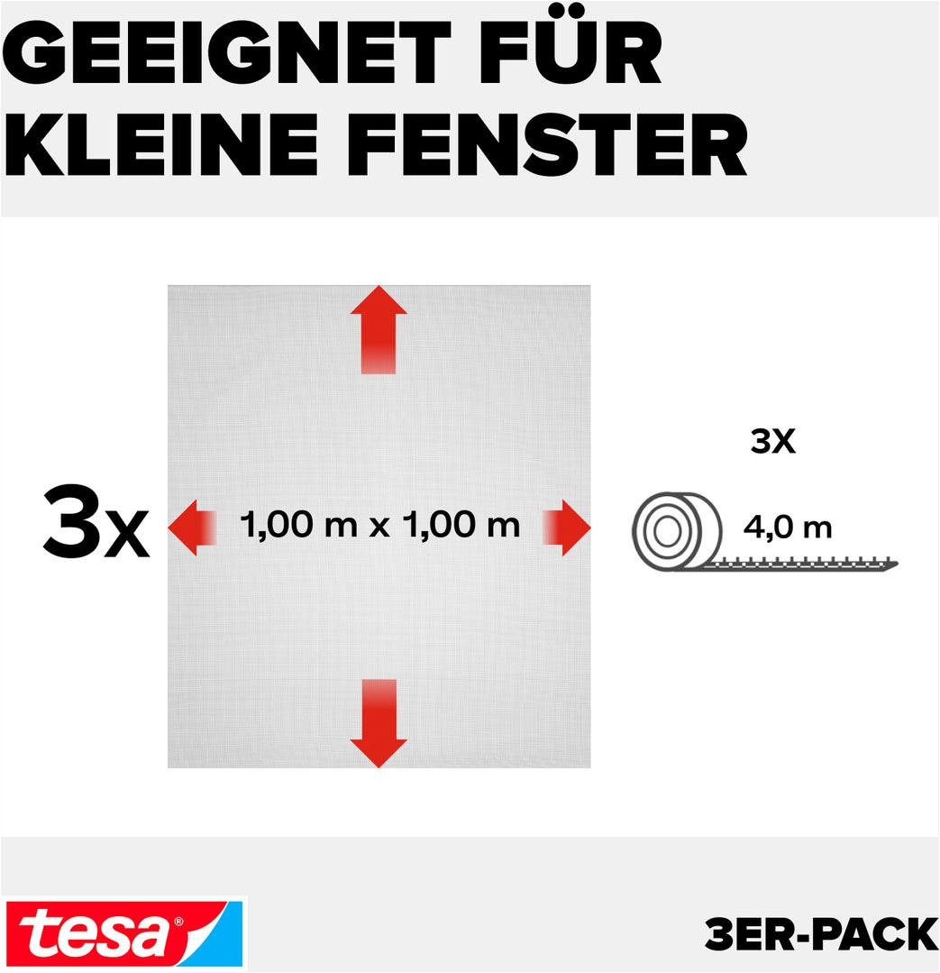 tesa Fliegengitter-Gewebe »für Fenster - Insektenschutz - 100 x 100 cm« Packung, Fliegennetz, Klettband, 3 Stk. tlg. mit Klettband, zuschneidbar - Mückenschutz ohne Bohren