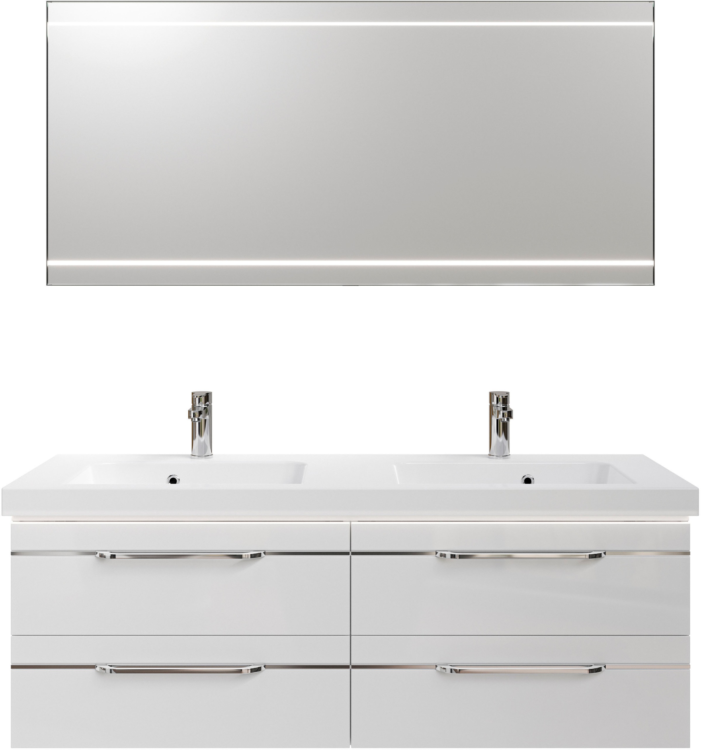 Saphir Badmöbel-Set »Balto 2-teilig Mineralmarmor-Doppelwaschtisch mit LED-Spiegel«, (2 St.), Waschplatz 150 cm breit, 4 Schubladen, inkl. Schubladendämpfer