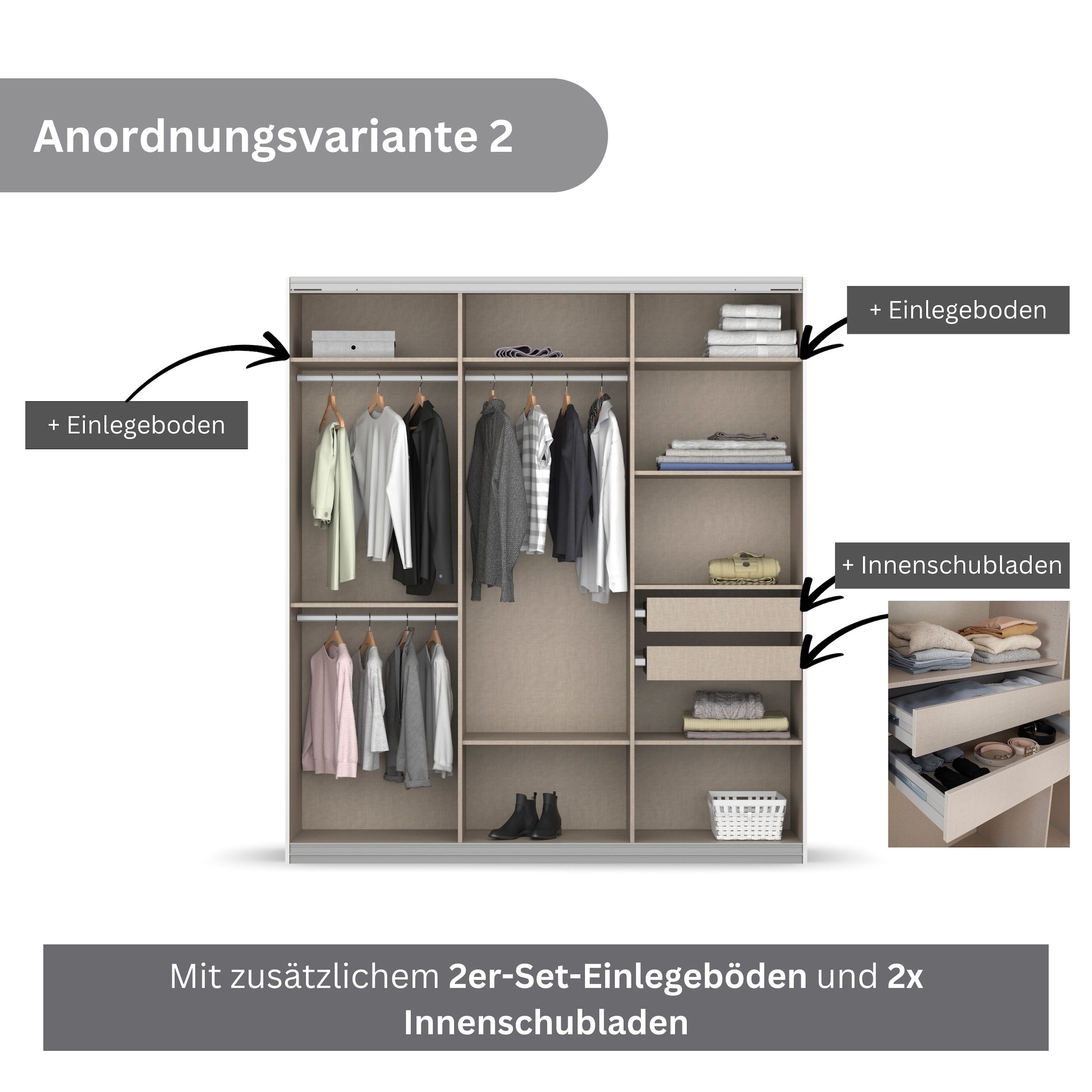 rauch Schwebetürenschrank »Kleiderschrank Schrank Garderobe KOLUNA mit Dekor-Front«, inkl. 2 Innenschubladen sowie extra Einlegeböden MADE IN GERMANY