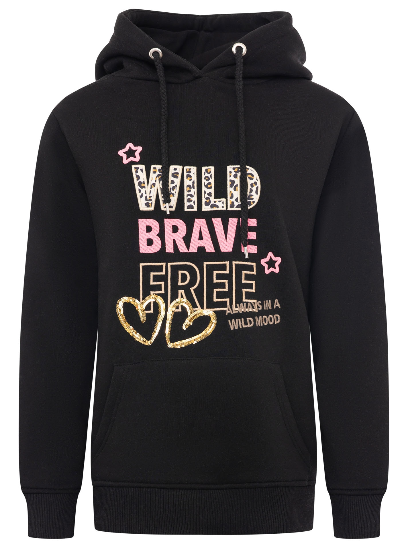 Zwillingsherz Hoodie »"Wild Brave Free"«, gestickter Schriftzug, mit Pailletten, Leomuster, Fronttasche, Kapuze
