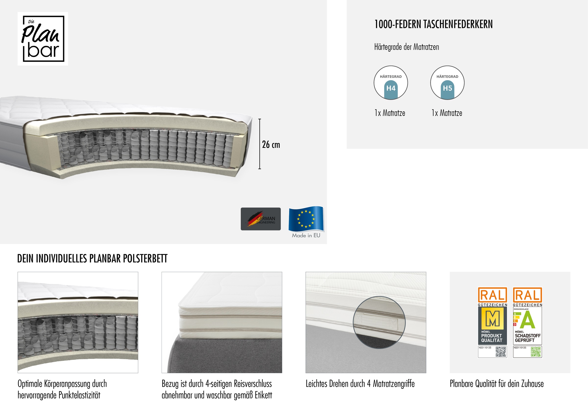 Die PlanBar Polsterbett »OC-ON20004« inkl. Matratzen u. Lattenrahmen, belastbar bis 200 Kg, 160/180x200cm