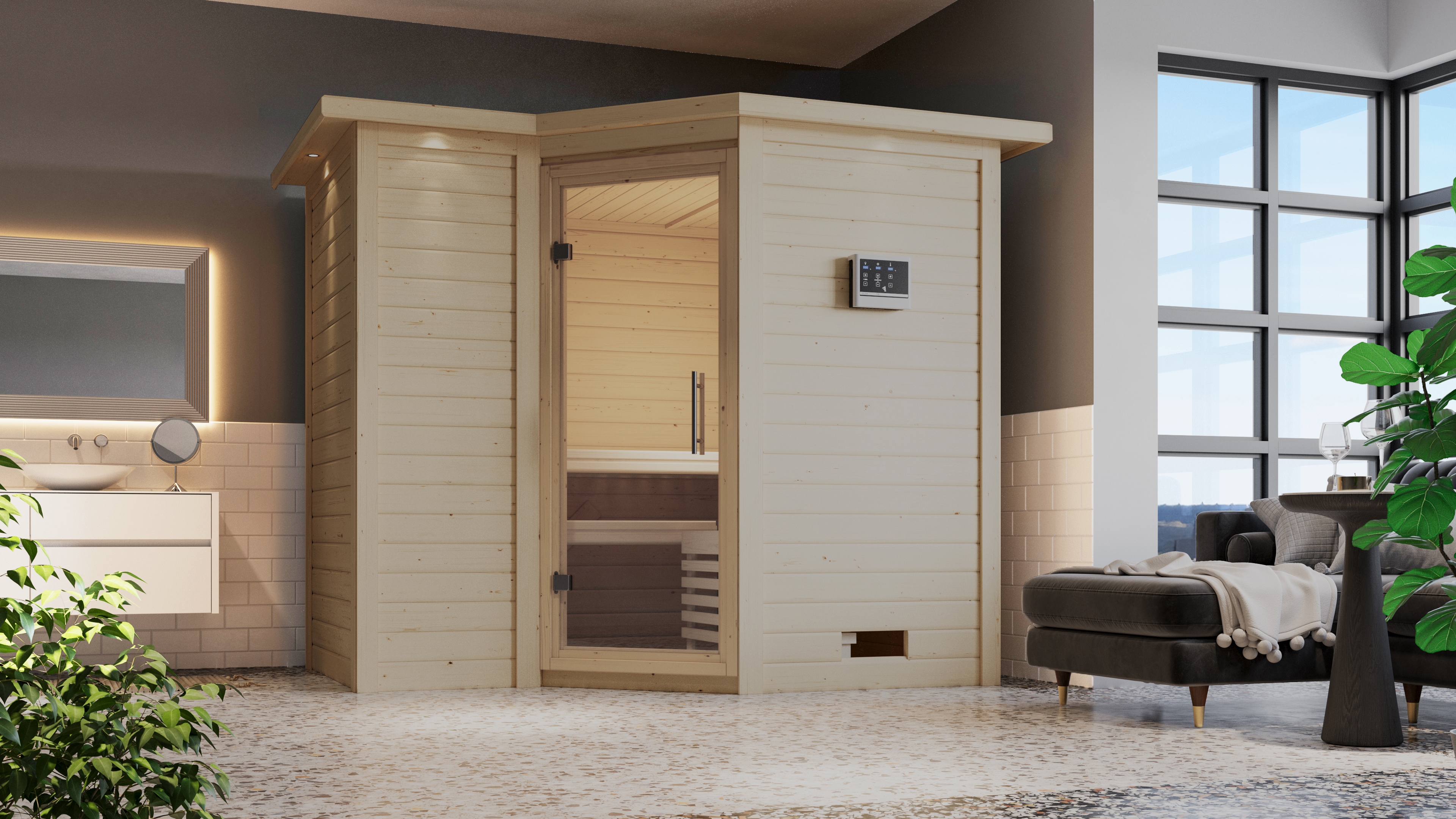 Karibu Sauna "Sanna 2" Set, Ofen 9 kW integr. Strg