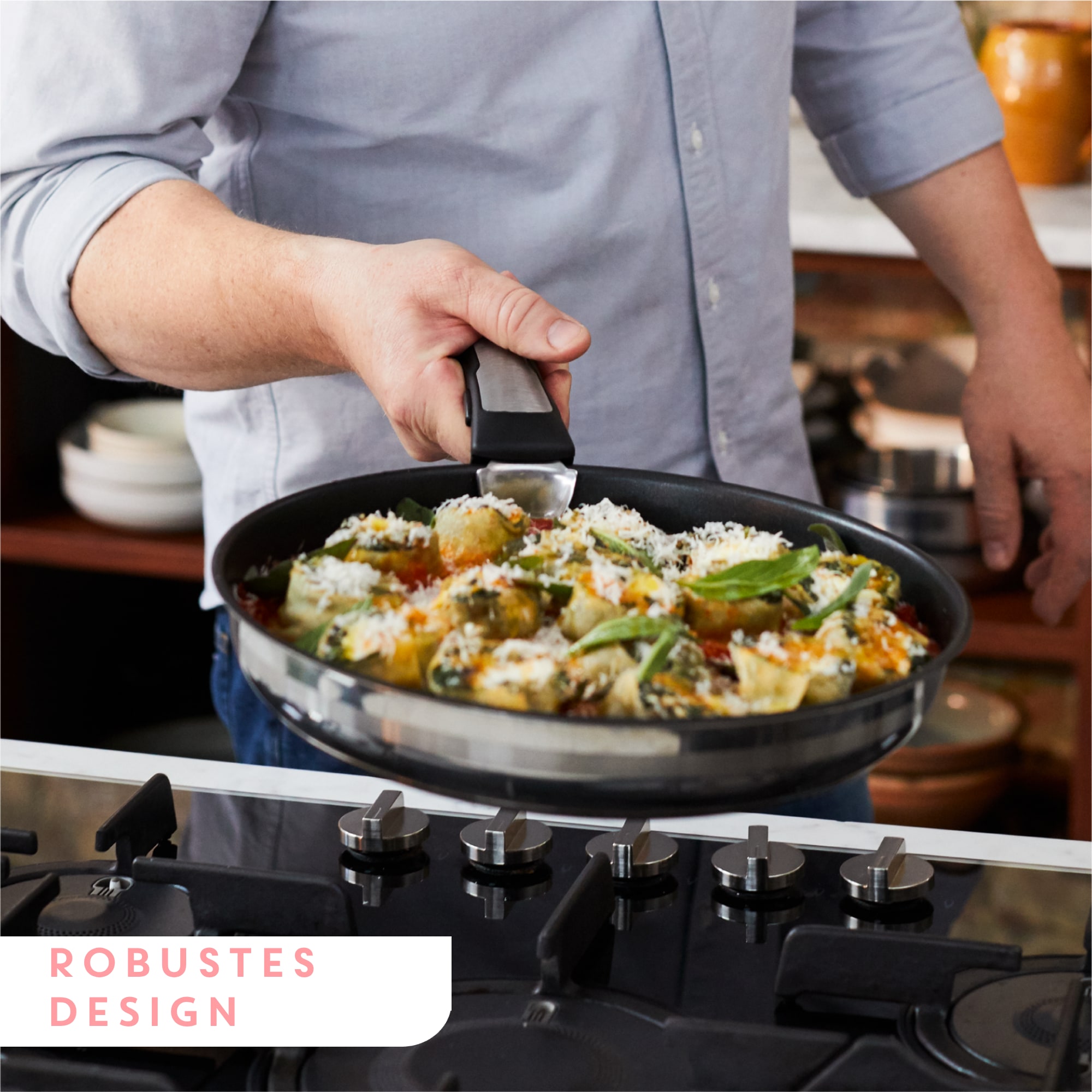 Tefal Pfannen-Set »Jamie Oliver Ingenio, Pfannenset abnehmbarer Griff, antihaftversiegelt« Edelstahl 2x Pfannen Ø 24/28 cm, 2x Kasserollen Ø 16/20 cm, 3x Deckel, 2x Griffe, 