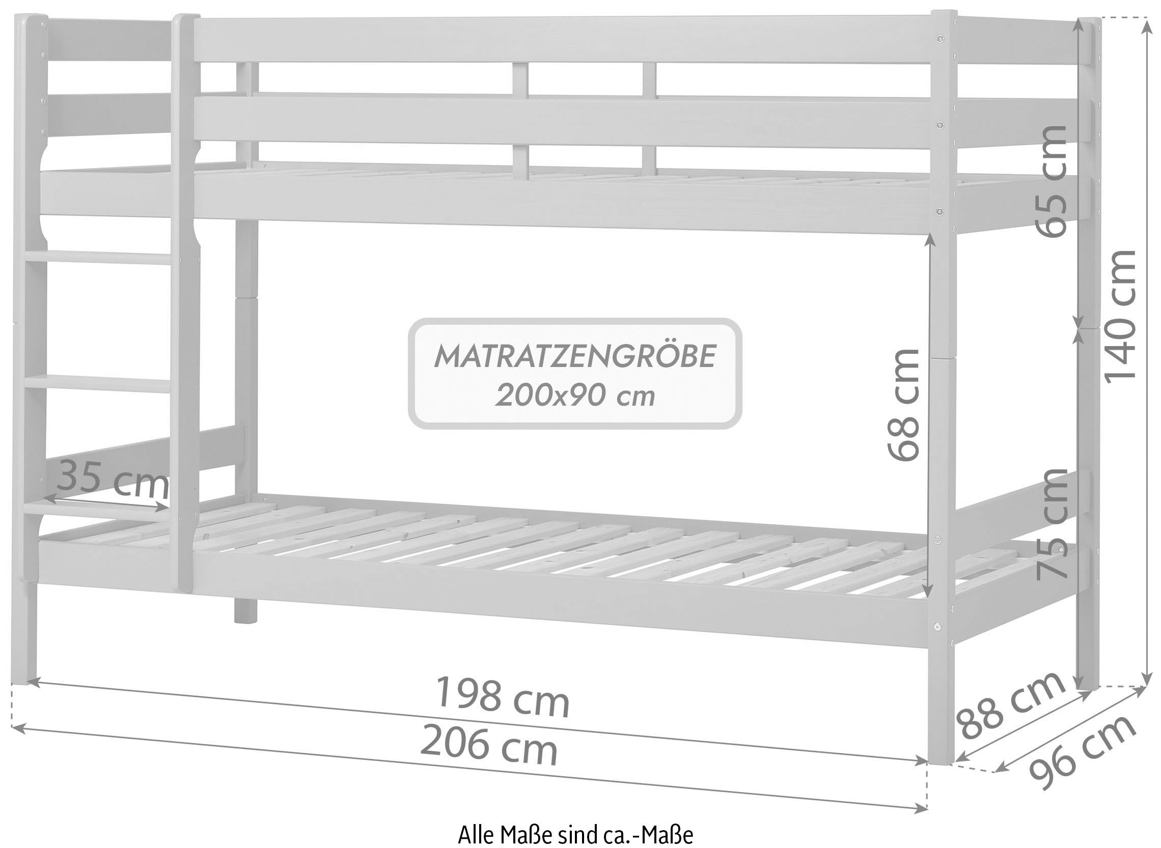 Hoppekids Etagenbett »ECO Comfort Kinderbett 90x200 oder 70x160 aus Massivholz in 4 Farben«, TÜV, FSC und Nordisches Umweltzeichen – wahlweise mit Matratzen