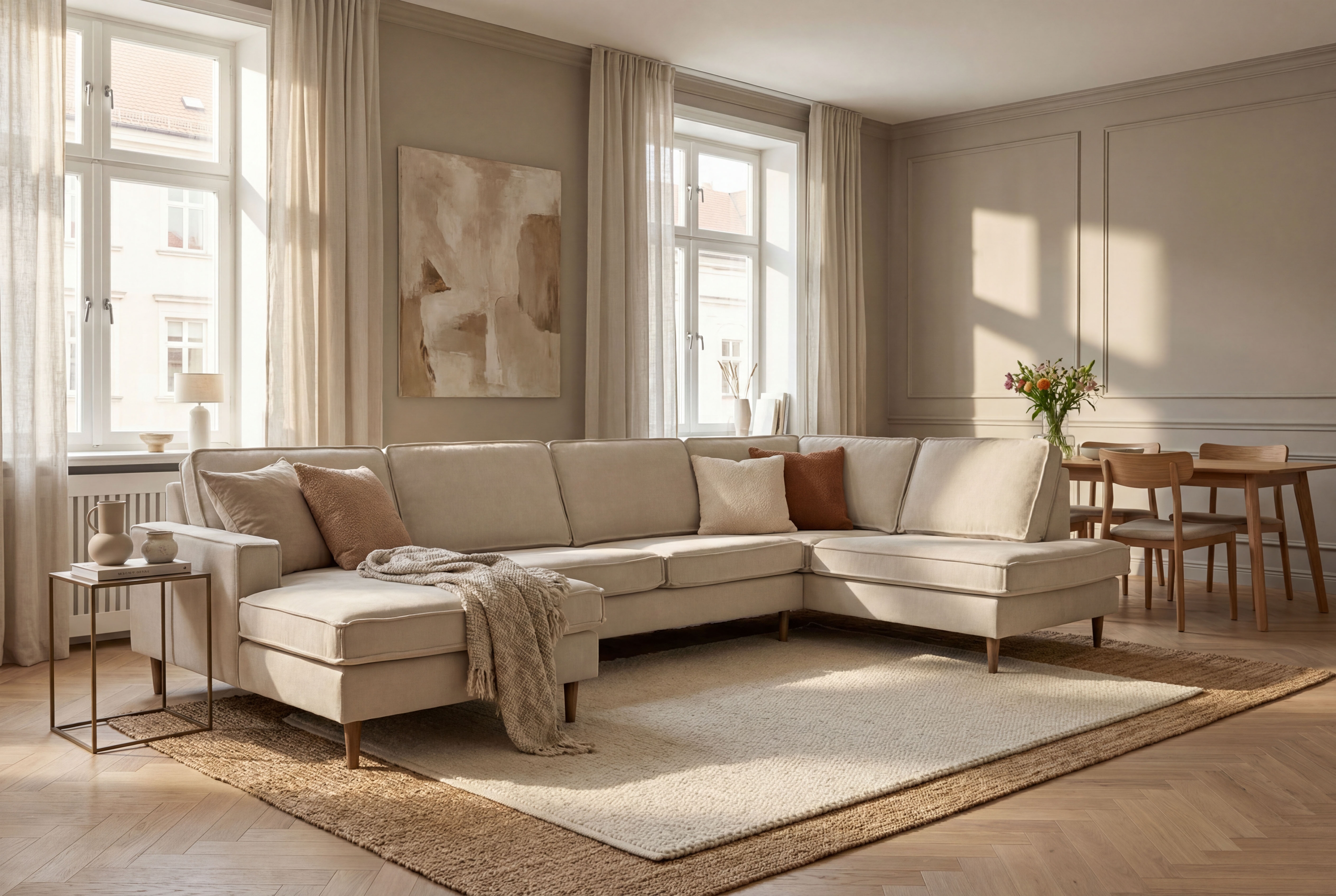 OTTO home Wohnlandschaft "Pinto Skandi, 350 cm, U-Form, XXL, mit Ottomanen" mit Keder, Massivholzfüße Eiche geräuchert, Wellenunterfederung