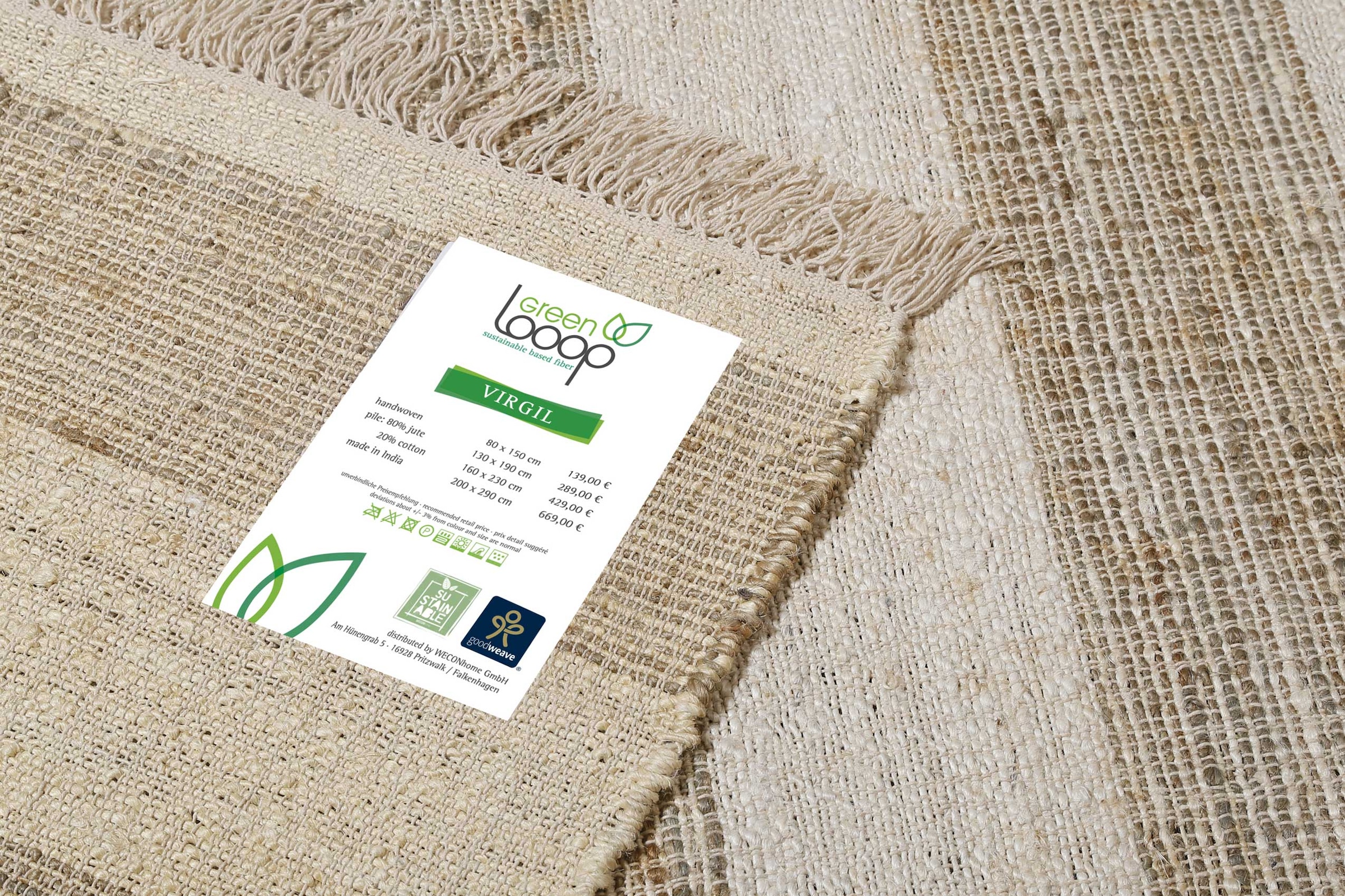 Green Looop Teppich »Virgil«, rechteckig, 4 mm Höhe, Jute handgewebt, Natur, Wohnzimmer, Schlafzimmer, modern, gestreift