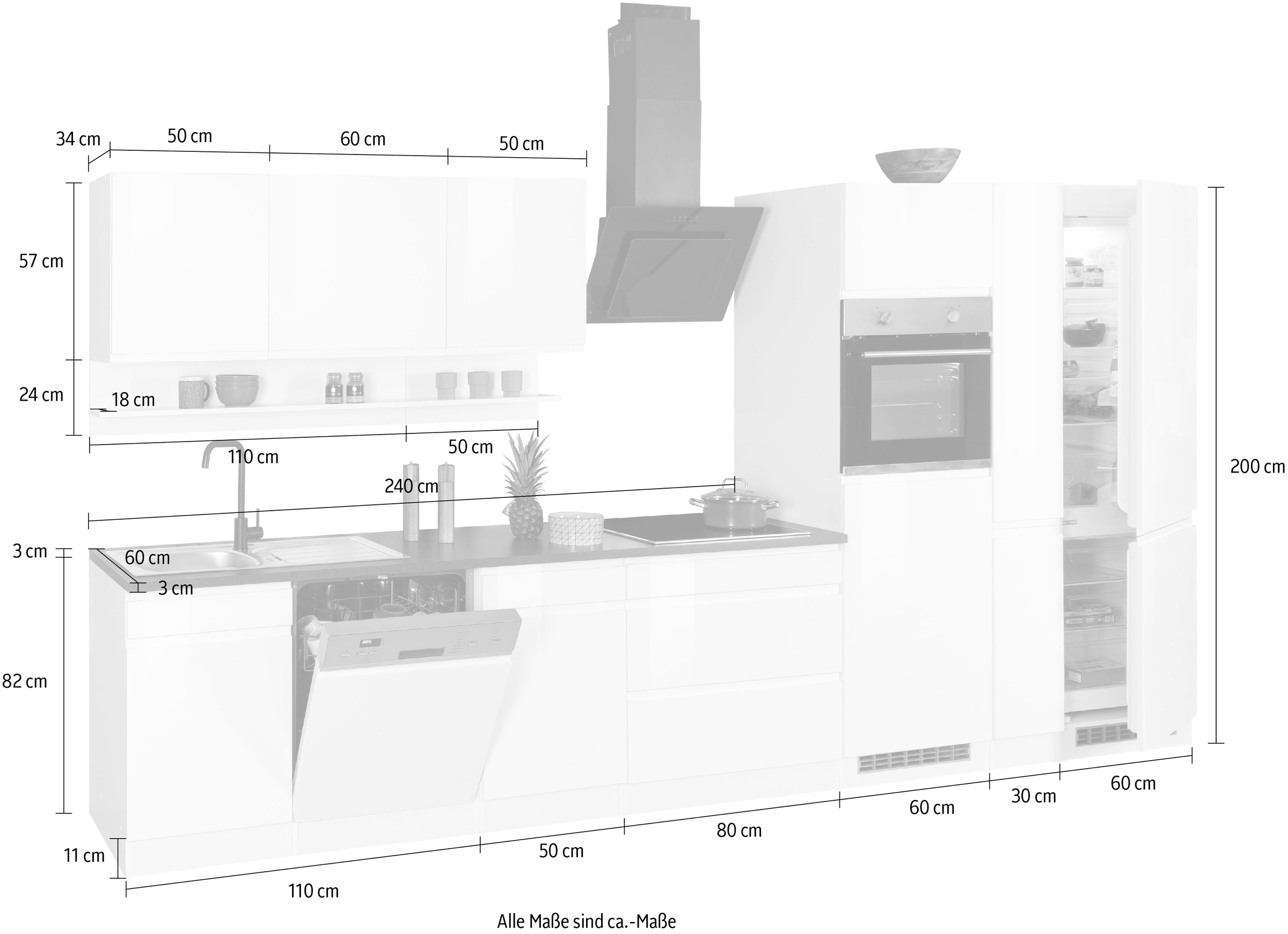 HELD MÖBEL Küchenzeile »Virginia«, Breite 390 cm, mit Glaskeramik-oder Induktionskochfeld