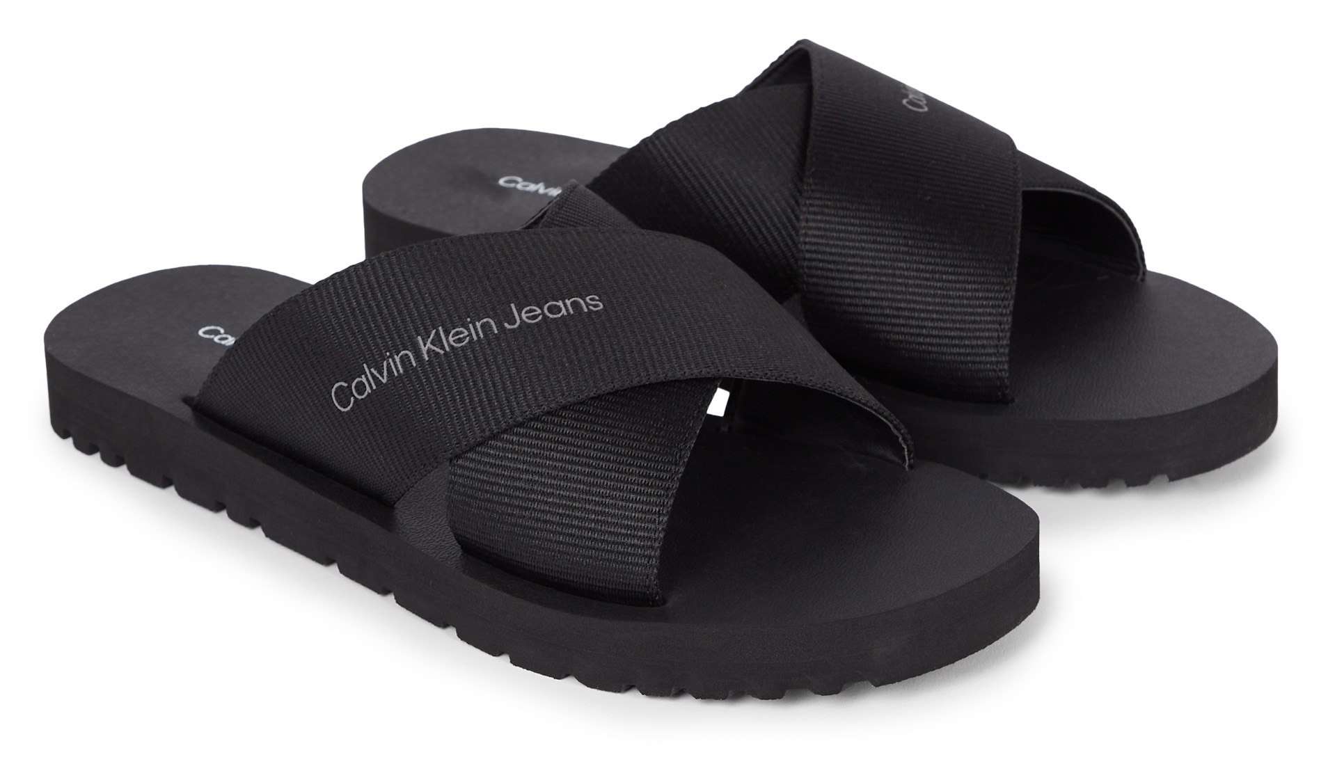 Calvin Klein Jeans Pantolette "CROSS SANDAL SLIPON RP IN BTW", Sommerschuh, Schlappen, Poolslides, mit Kreuzbandage