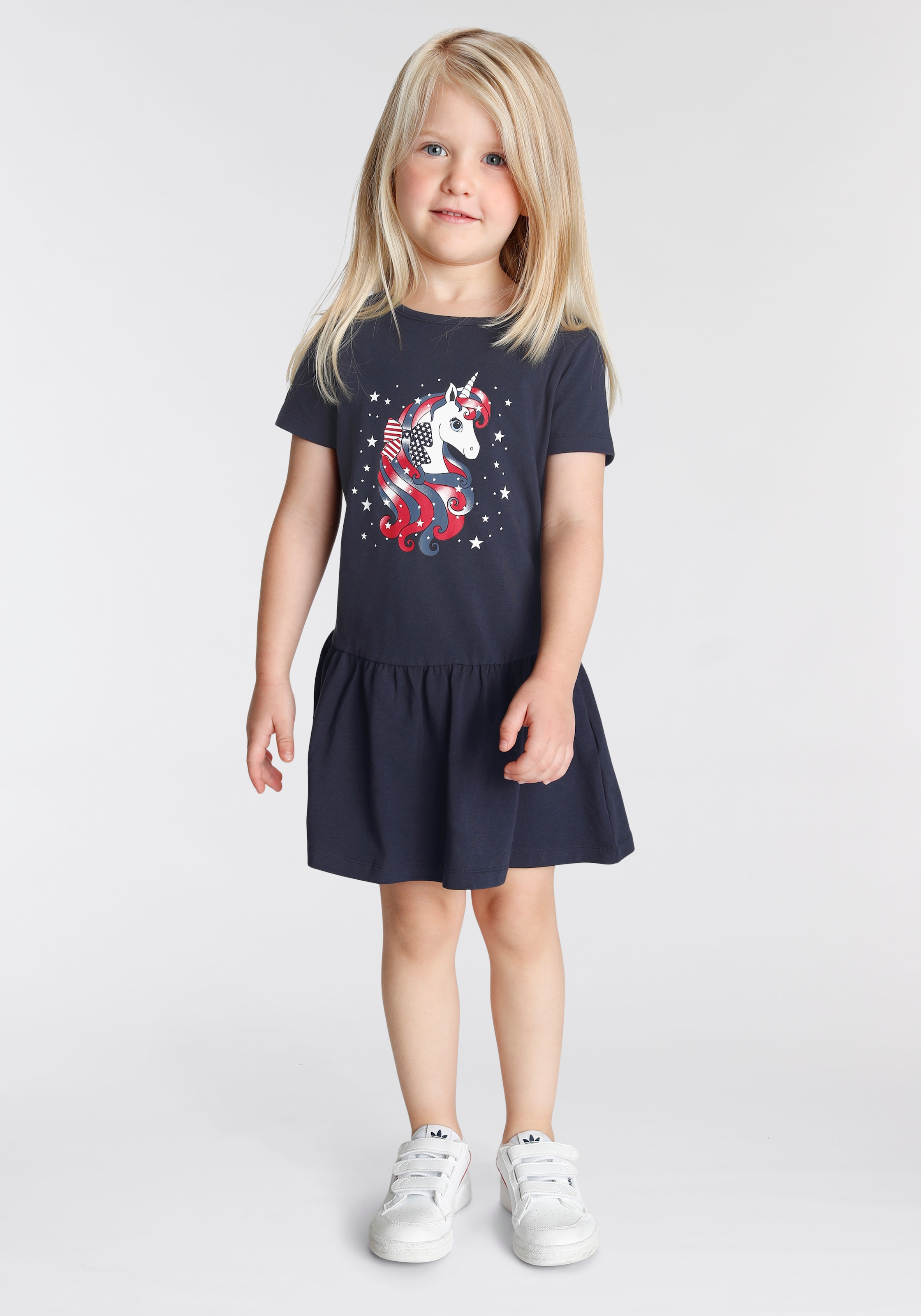 KIDSWORLD Jerseykleid BAUR mit »Einhorn«, Volant Saum online | bestellen süßem am