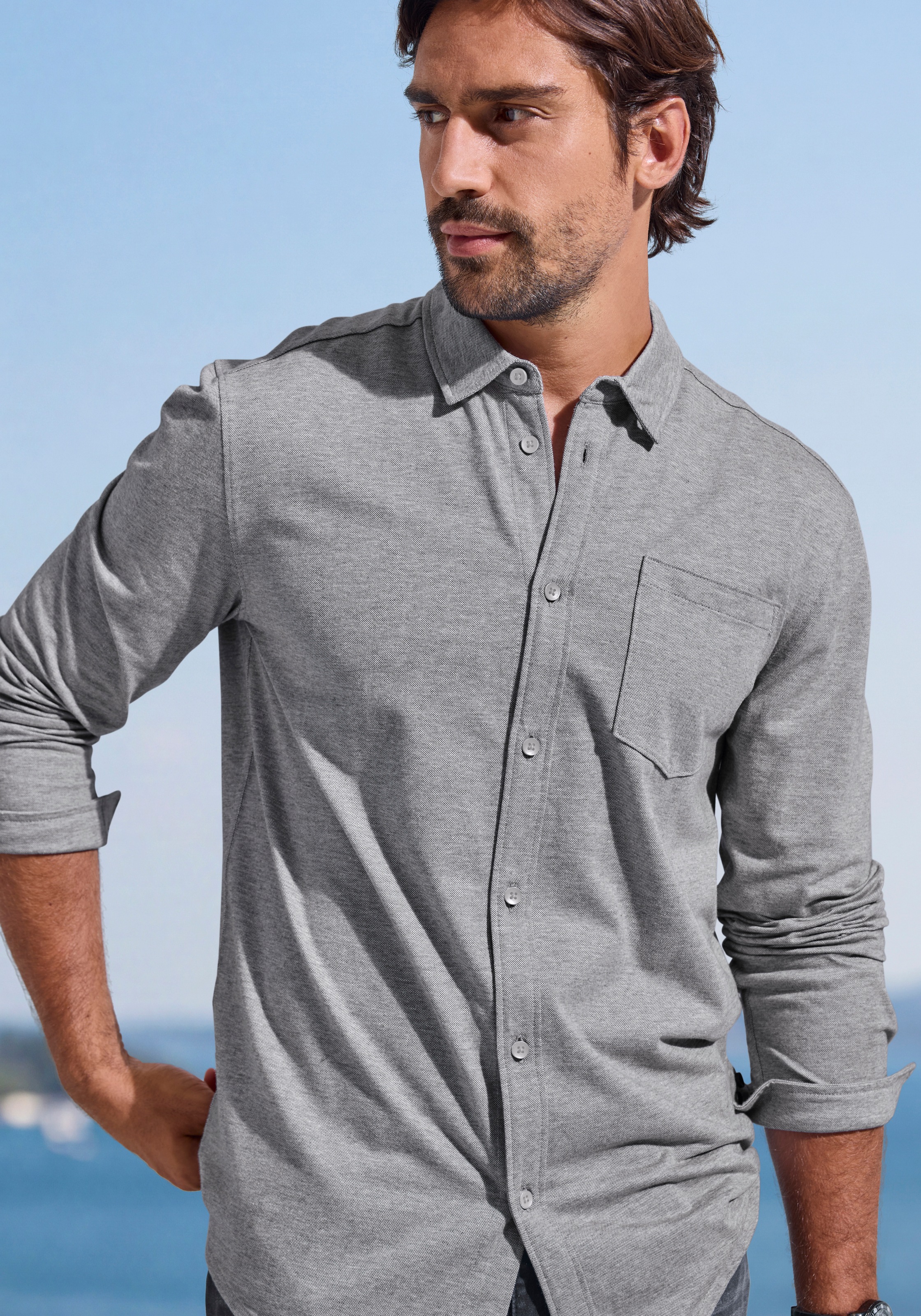 H.I.S Langarmhemd "- leicht strukturiertes Piqué Hemd aus angenehmer Shirt-Qualität" klassischer Kragen, tonige Knöpfe, weiche Baumwoll-Pikee-Qualität