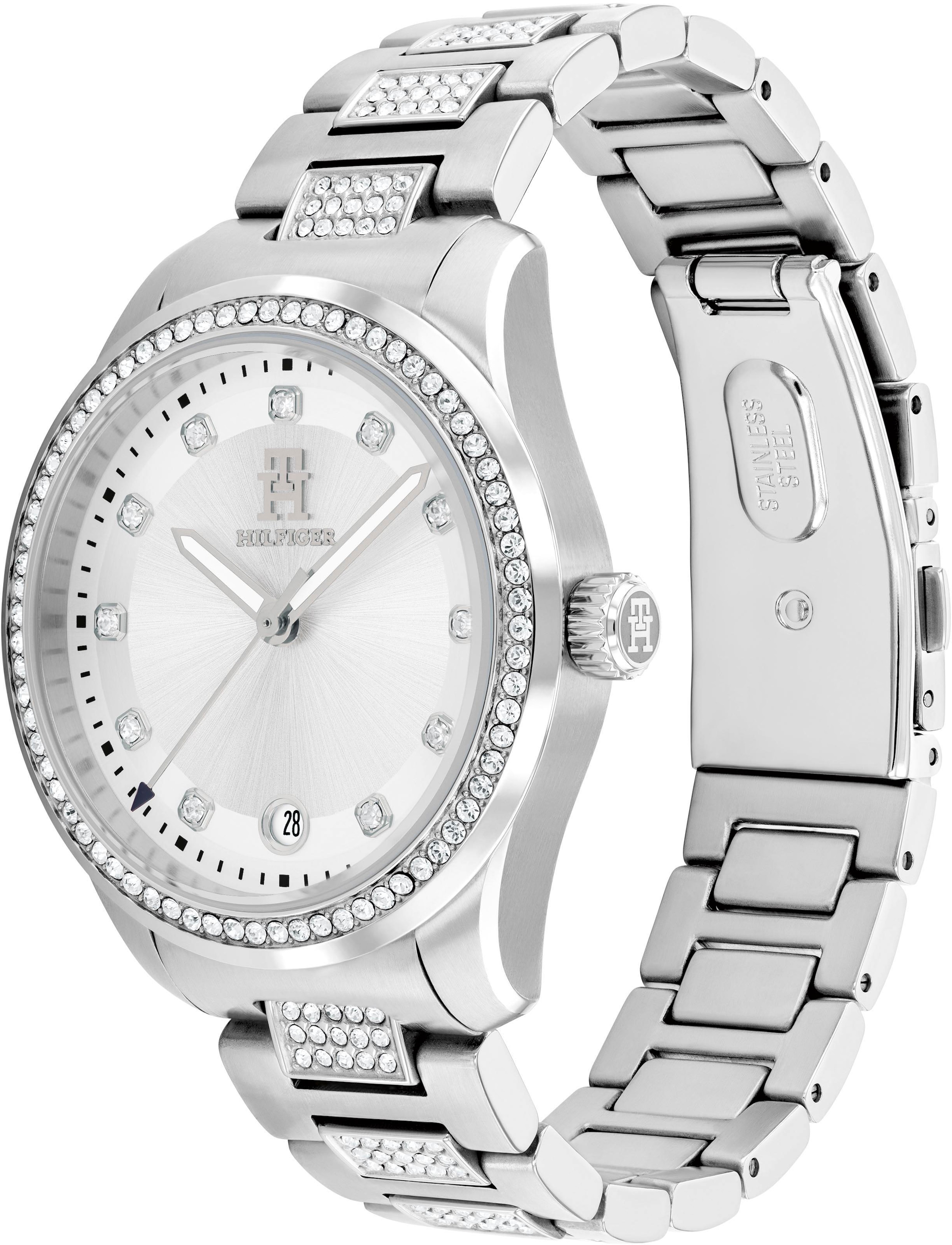Tommy Hilfiger Quarzuhr »TH85 CRYSTALS«, Armbanduhr, Damenuhr, Edelstahlarmband, analog, Tag, Glassteine