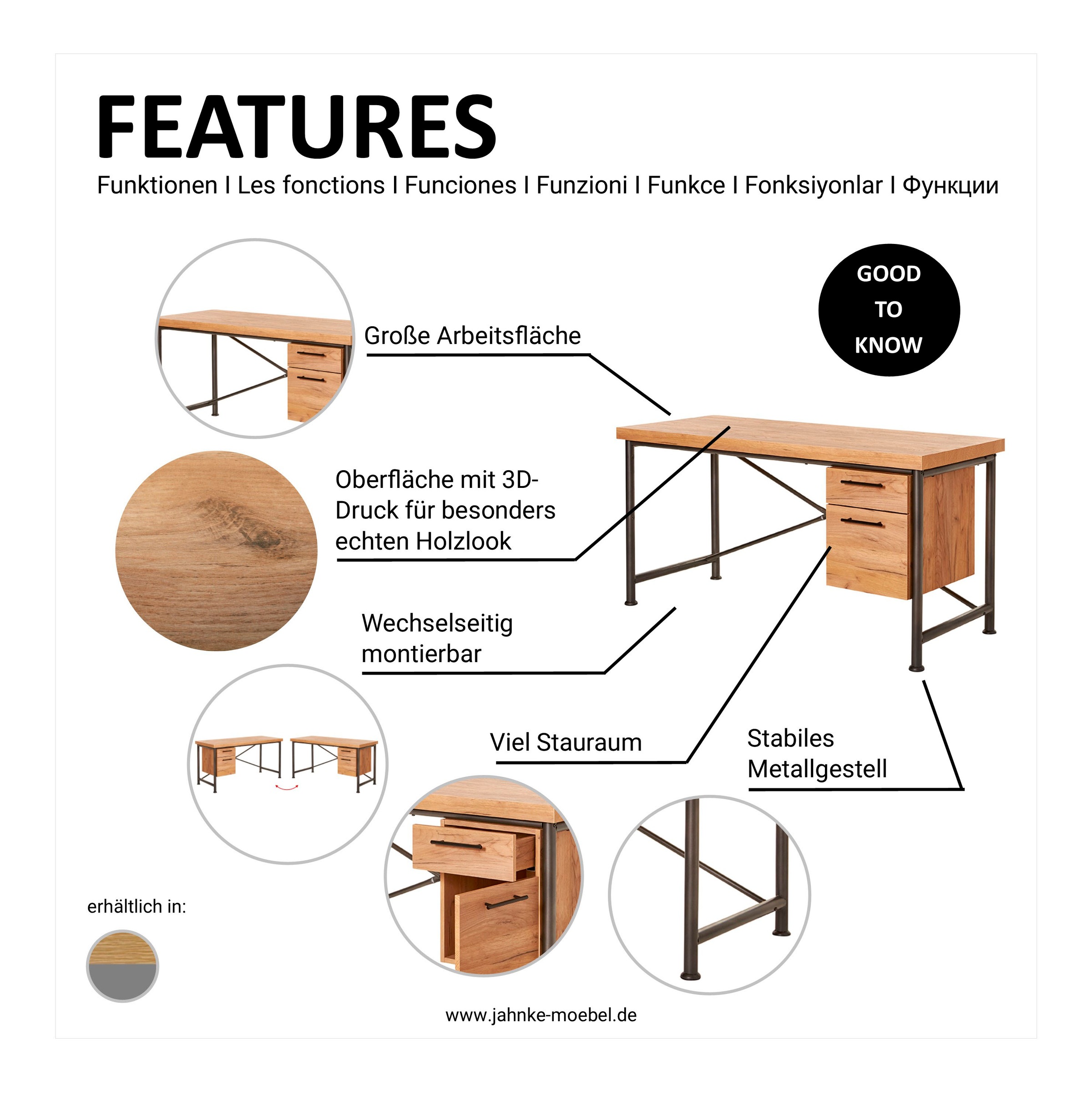 Jahnke Schreibtisch »CRAFT«, Schreibtisch im Industrie-Design, wechselseitig montierbar