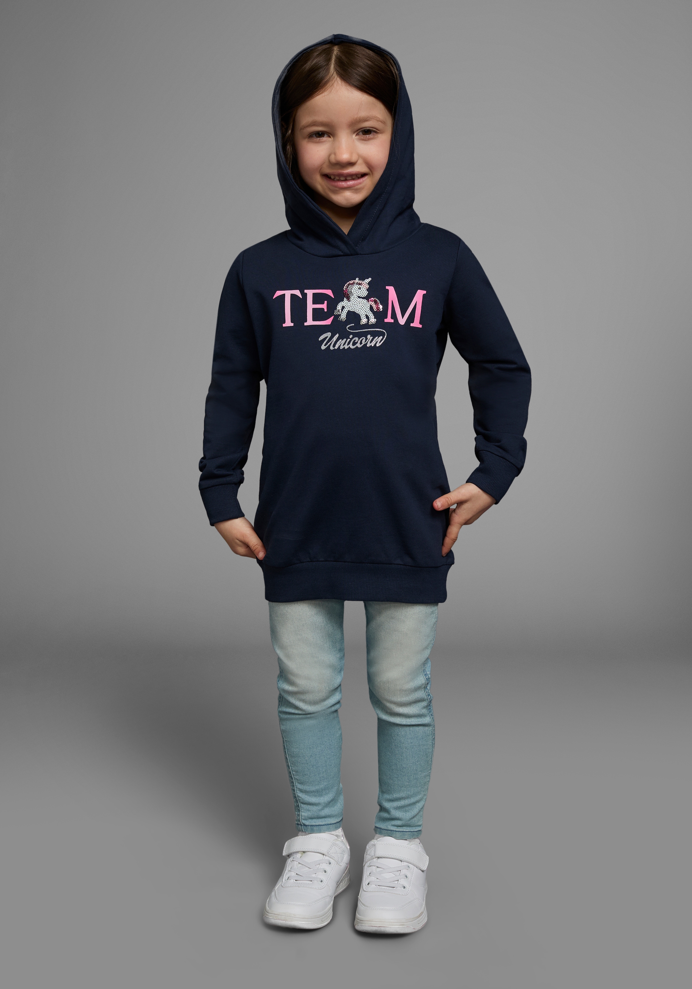 KIDSWORLD Kapuzensweatshirt », Longsweashirt mit Pailletten«, Langarm, Basic-Passform, mit modischem Druck, mit Kapuze
