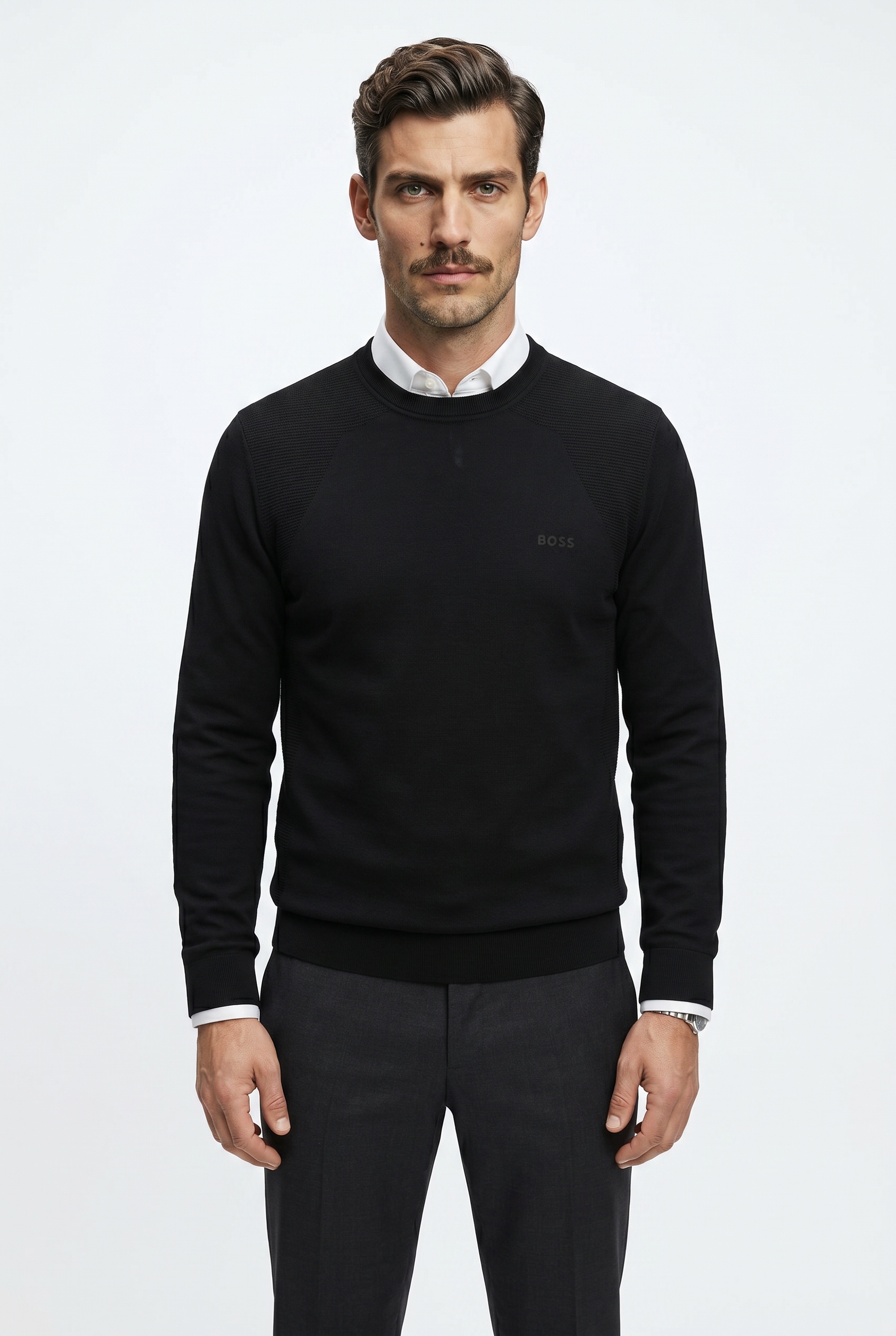 BOSS GREEN Strickpullover Rundhalsauswschnitt, Regular Fit, Struktur-Strick
