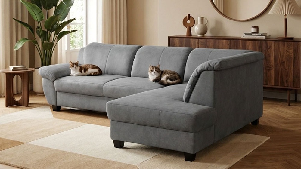 OTTO home Ecksofa "Sillkeborg 254 x 186 cm, formschönes Sofa mit dunklen Füßen" mit Schlaffunktion, L-Form, aus Pet Friendly Bezug