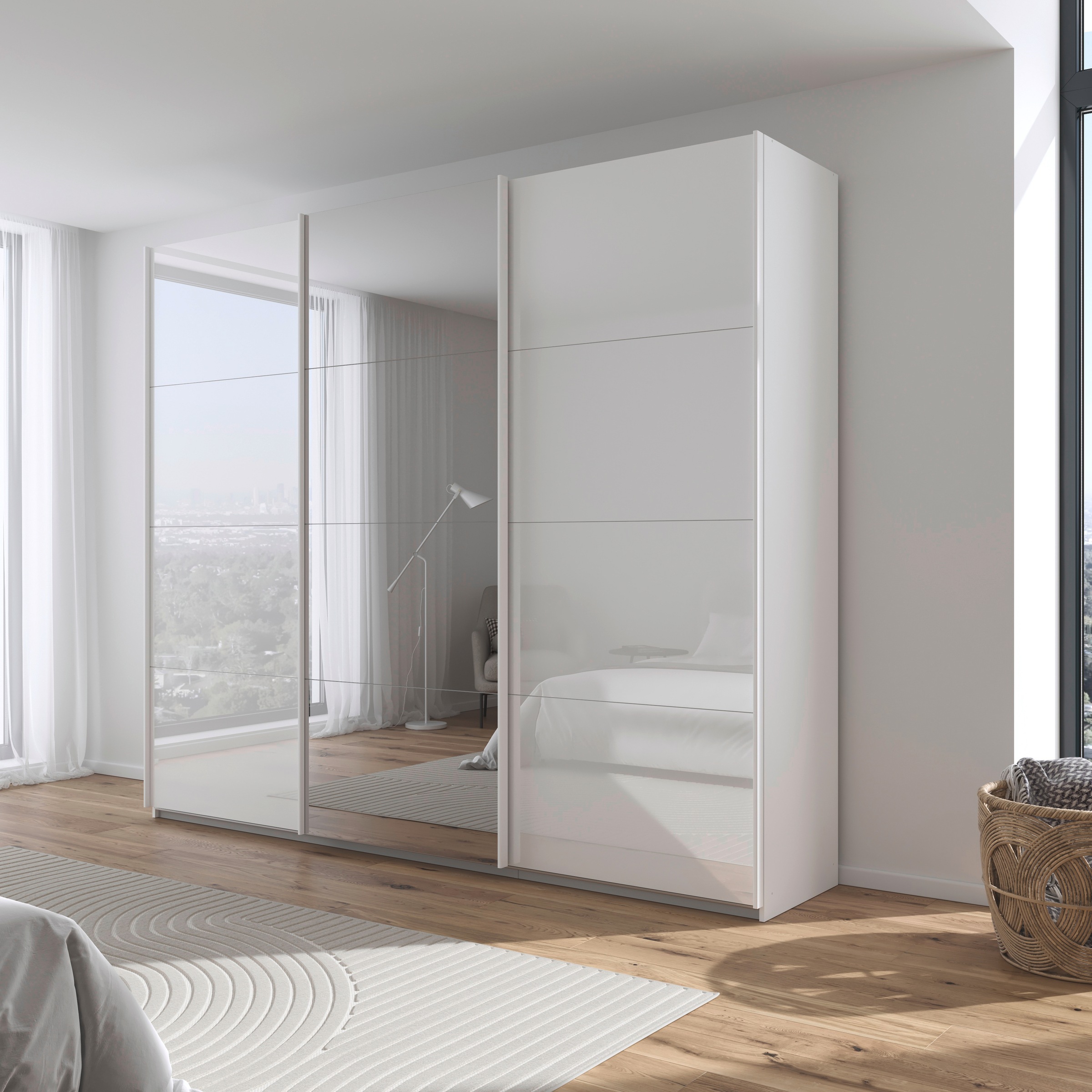rauch Schwebetürenschrank »Kleiderschrank Kleiderschränke Schrank Garderobe AGORDO mit Glasfront«, durchdachte Innenausstattung, in 4 Breiten und 2 Höhen MADE IN GERMANY