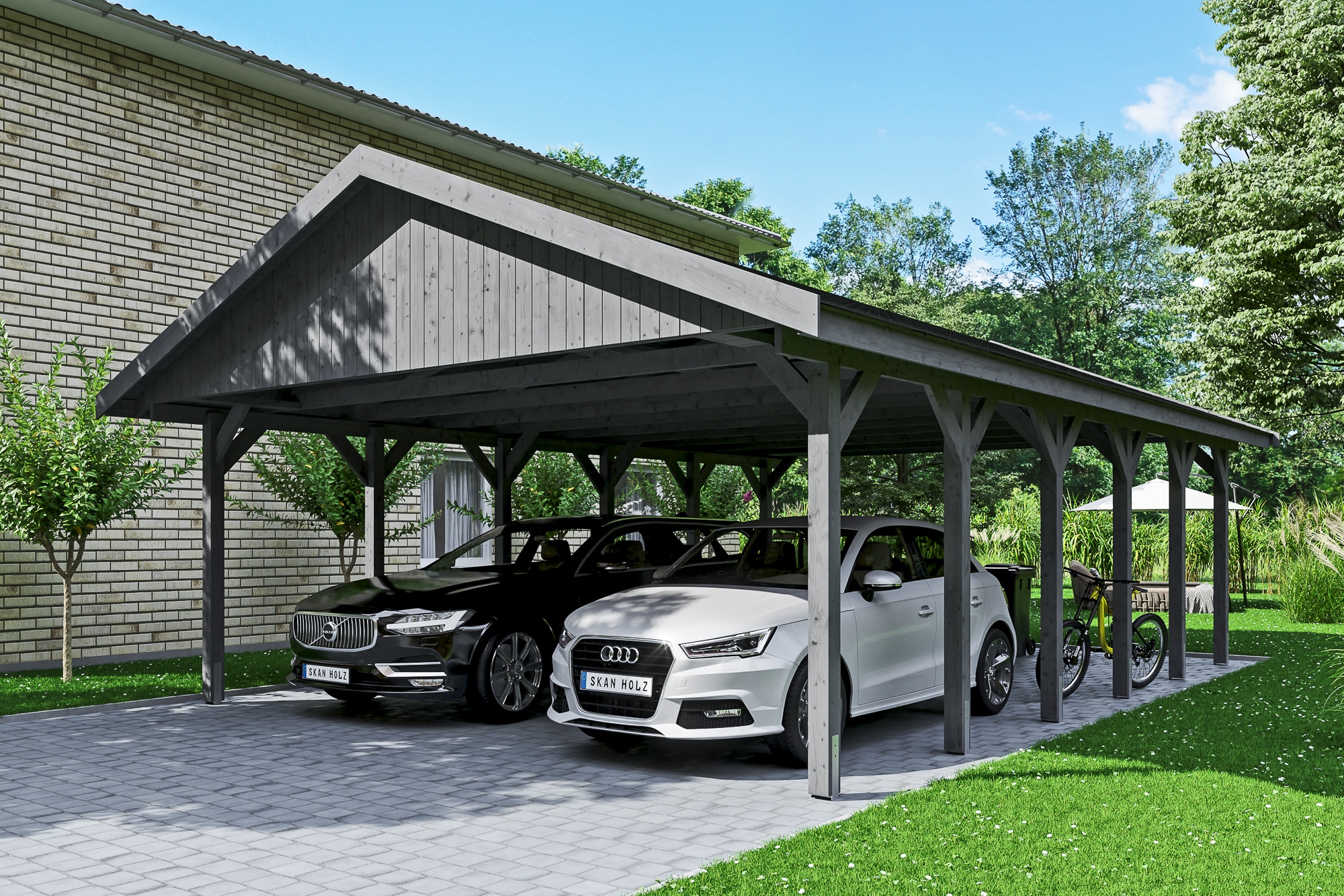 Skanholz Doppelcarport »Wallgau«, Nadelholz, 530 cm, Schiefergrau, mit schwarzen Dachschindeln