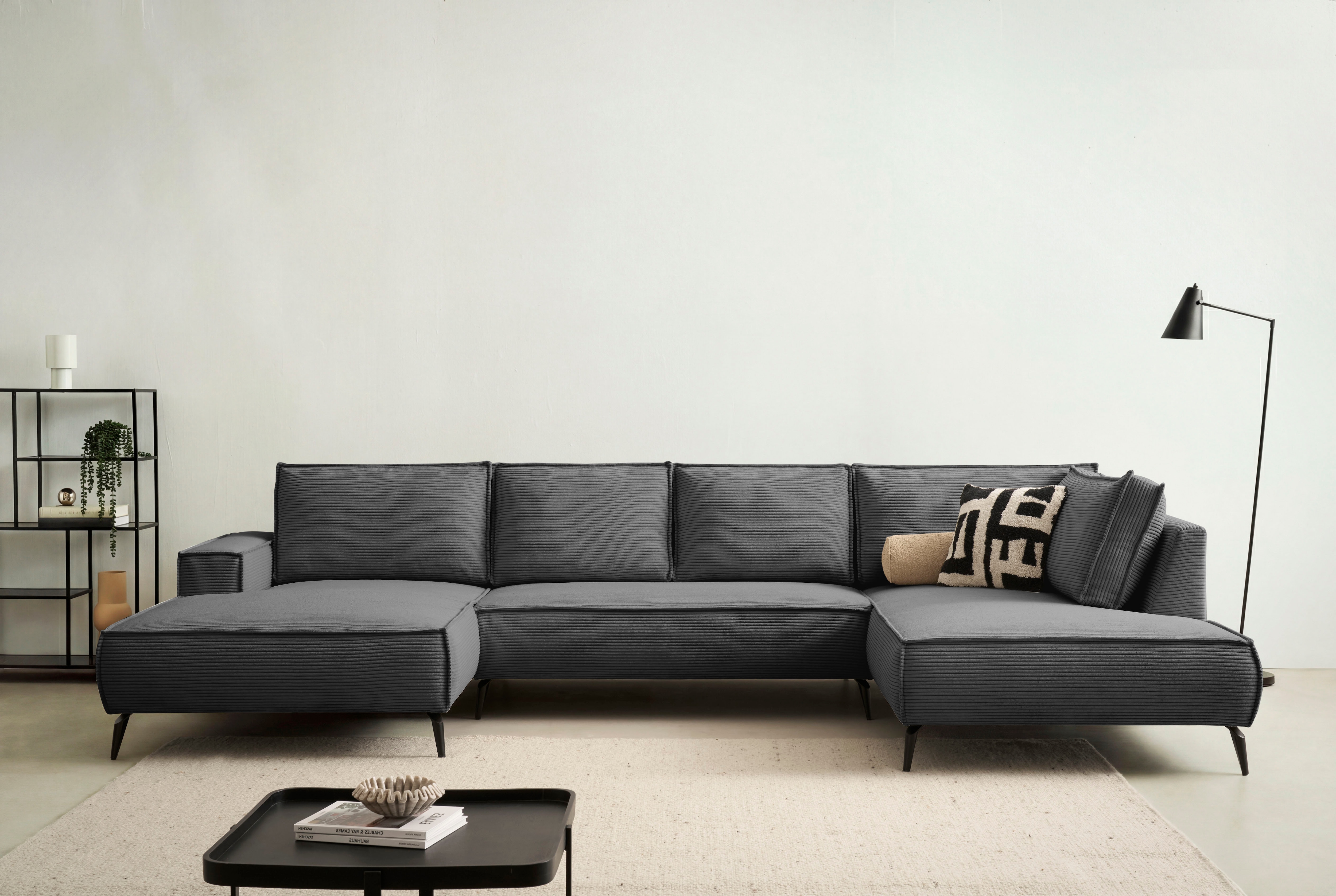 OTTO home Wohnlandschaft "TVINNU Cord, 354 cm" Recamiere rechts/links, schwarze Metallfüße, bequeme Sitz-/Liegefläche