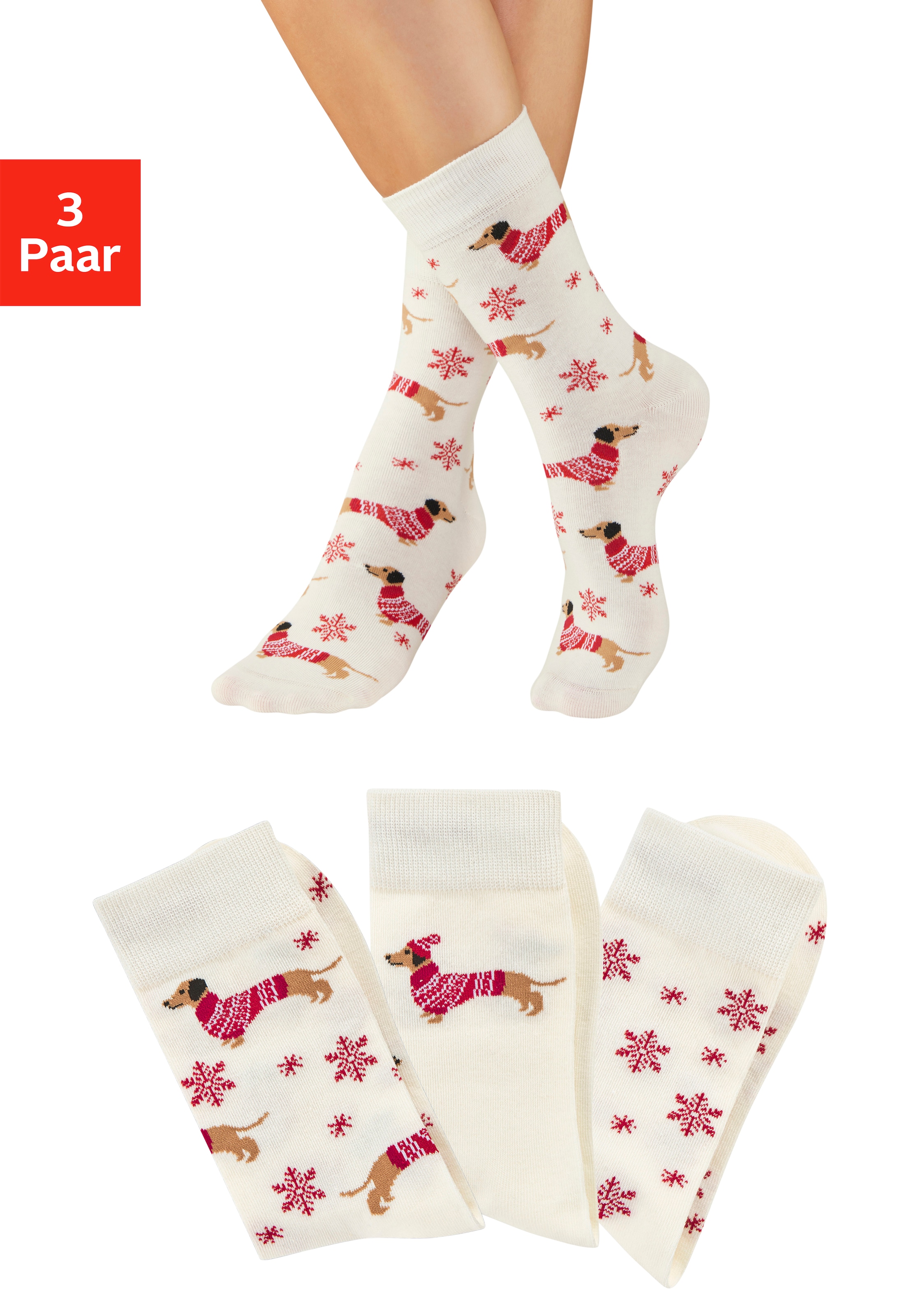 LASCANA Socken, (Packung, 3 Paar), mit weihnachtlichem Dackelmotiv günstig online kaufen