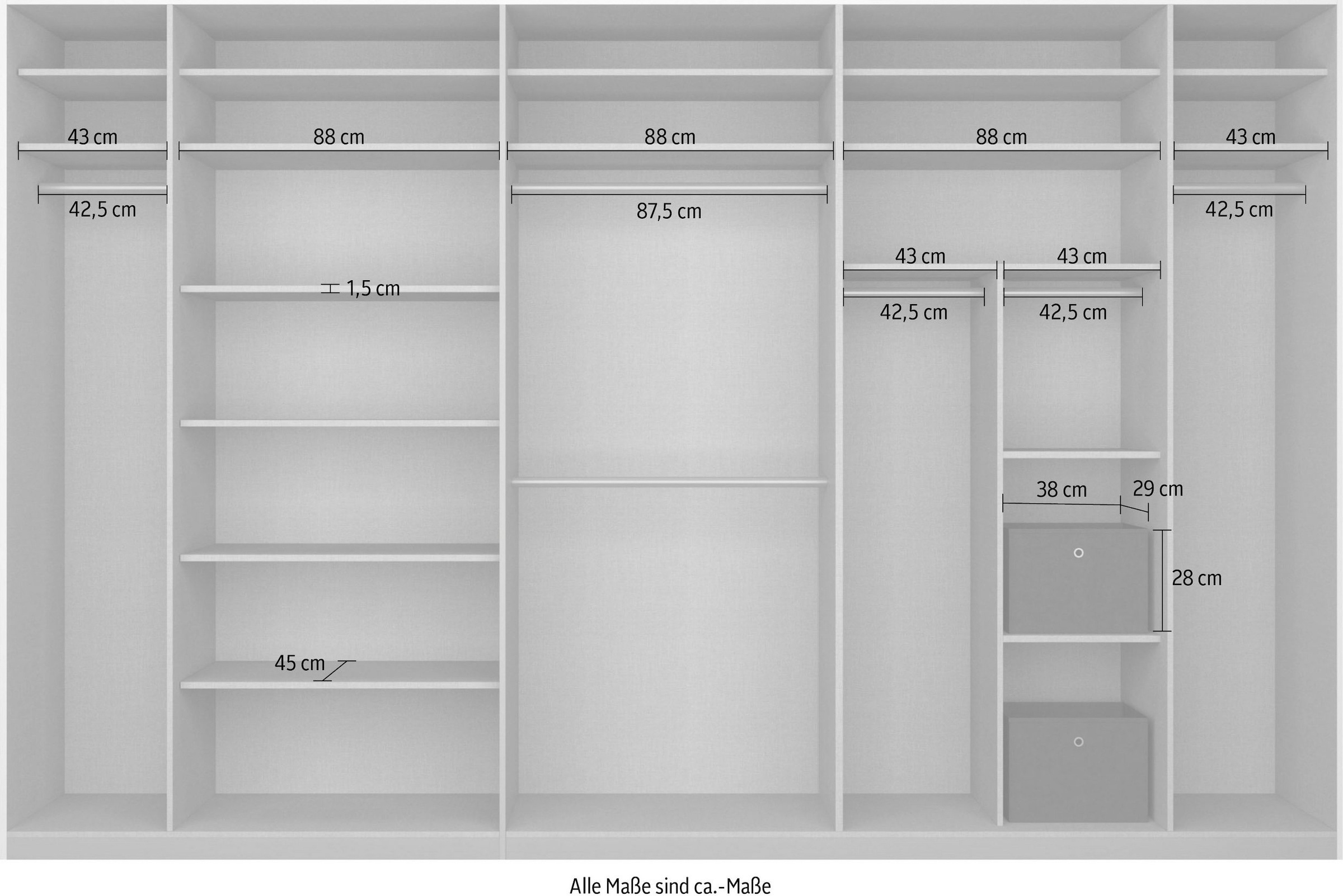 rauch Schwebetürenschrank »Schwebetürenschrank Kleiderschrank Schrank Garderobe CORTONA«, inkl. Inneneinteilung, 2 Stoffboxen und zusätzlichen Einlegeböden