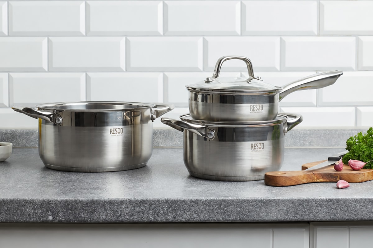 RESTO Kitchenware Topf-Set »LIBRA, spülmaschinengeeignet« Set, 1x Soßentopf Ø 16 cm mit Deckel, je 2x Kochtopf Ø 18/20 cm mit Deckel, 6 tlg. Edelstahl 18/10