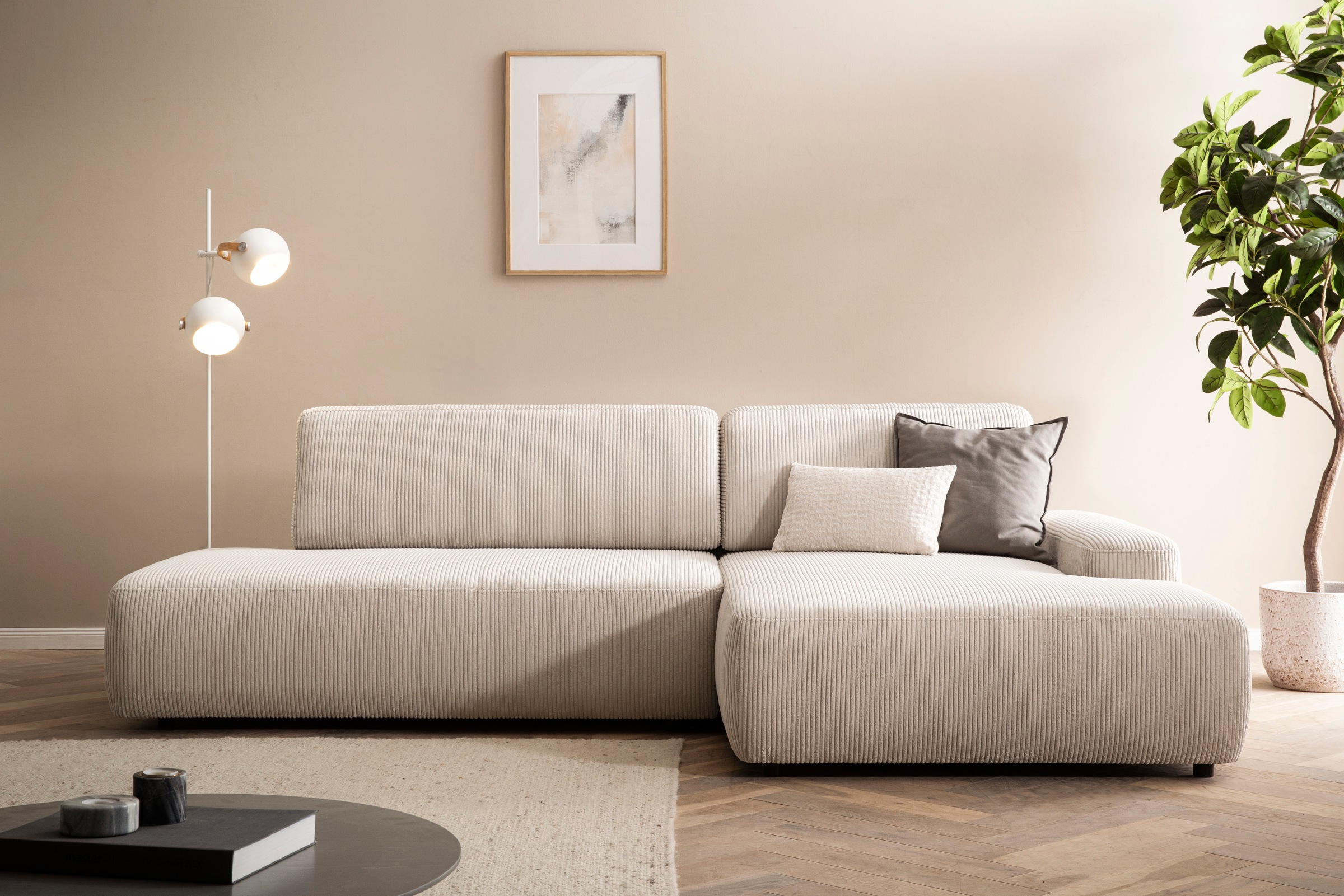INOSIGN Ecksofa »TORGE, Schlafsofa Cord, Samtvelours u. Strukur fein, Couch in L-Form«, Schlaffunktion und Bettkasten, Liegefläche: 210x125 cm, neues Design