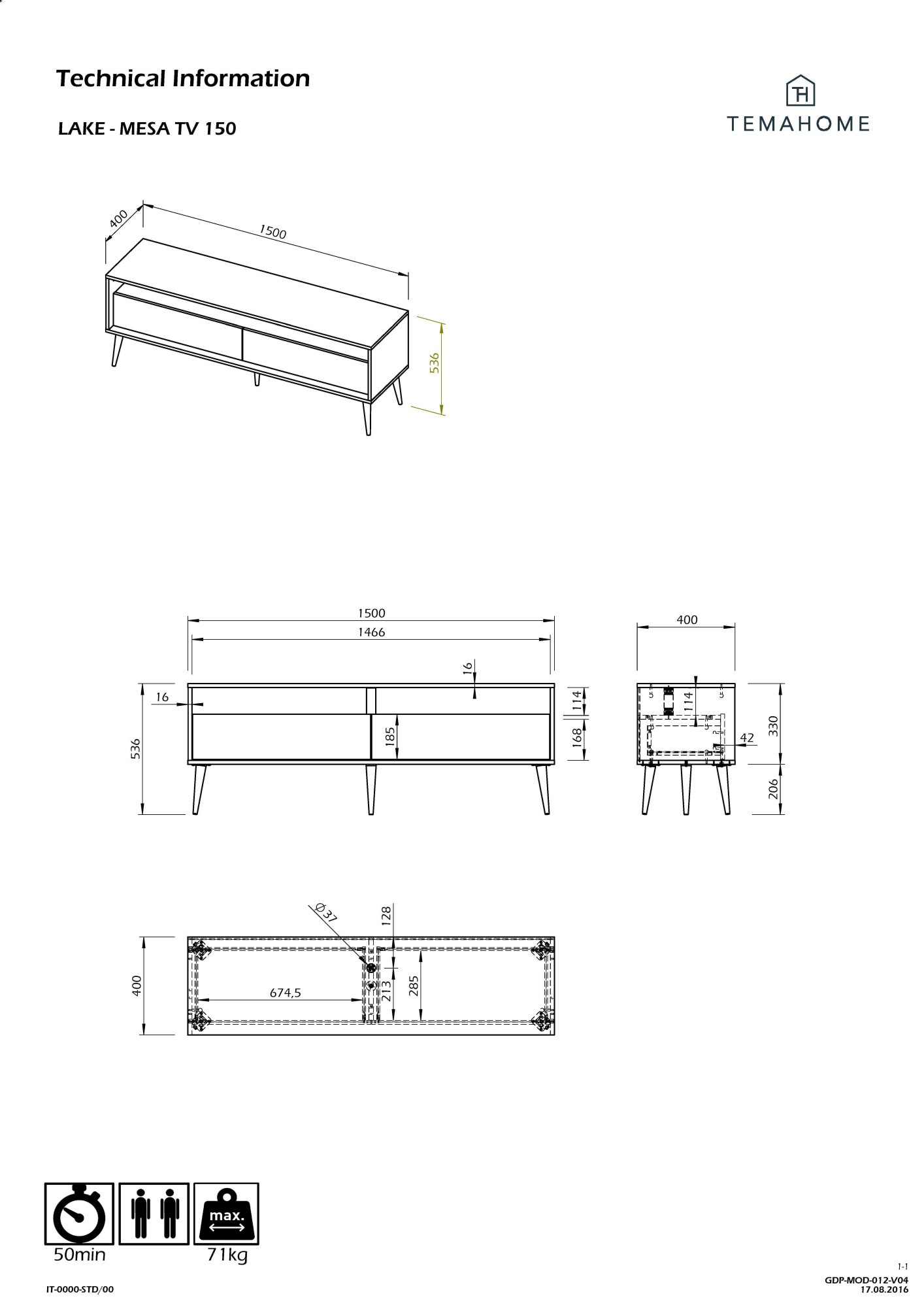 TemaHome TV-Bank »Lake Tv-Tisch, Lowboard, Fernsehtisch, TV-Schrank,«, mit 2 Schubladen, Holzfüsse, B: 150 cm