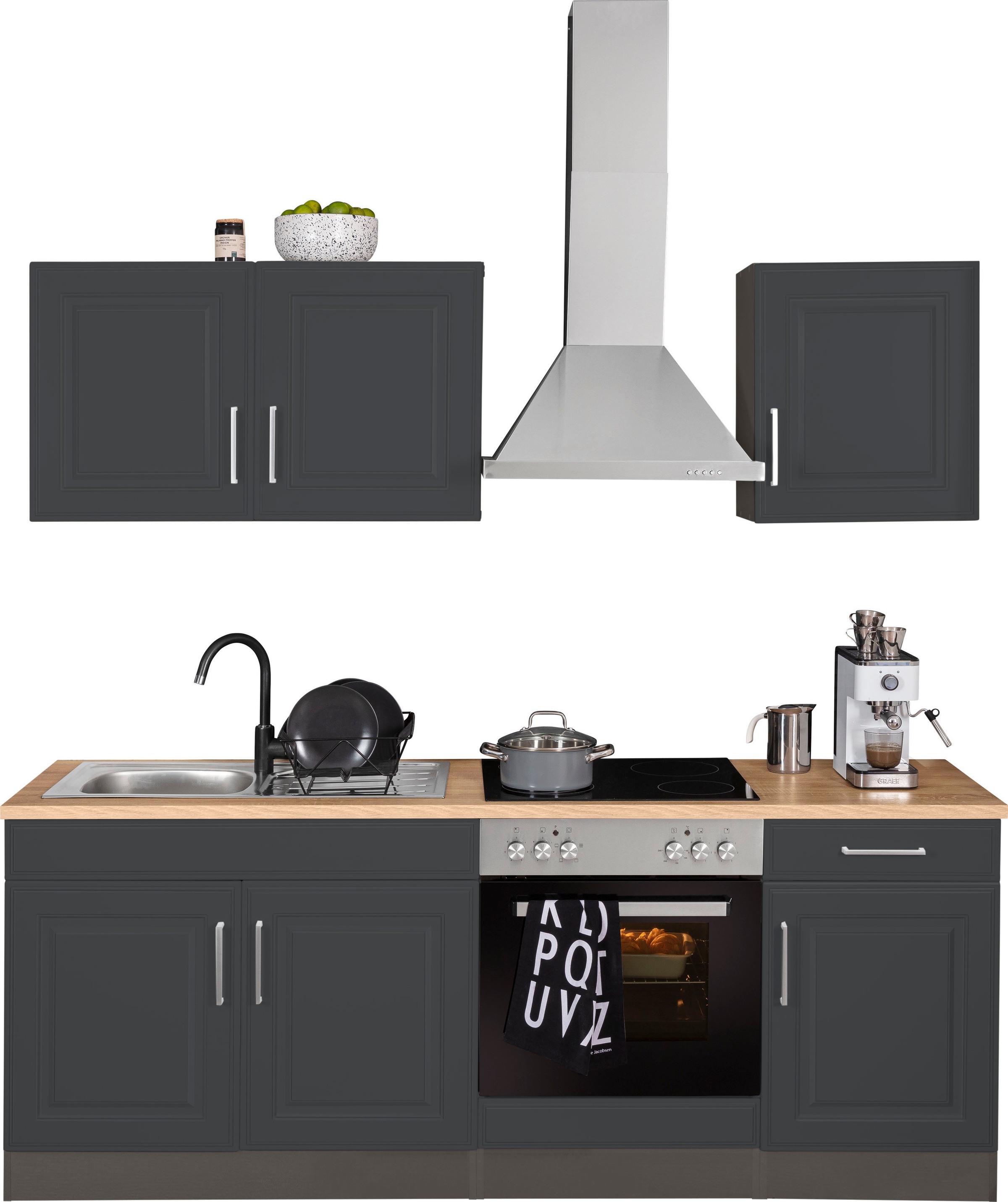KOCHSTATION Küchenzeile "KS-Stockholm – Küche mit hochwertiger und detailreicher Landhausfront" Breite 210 cm, wahlweise mit E-Geräten,mit MDF-Fronten