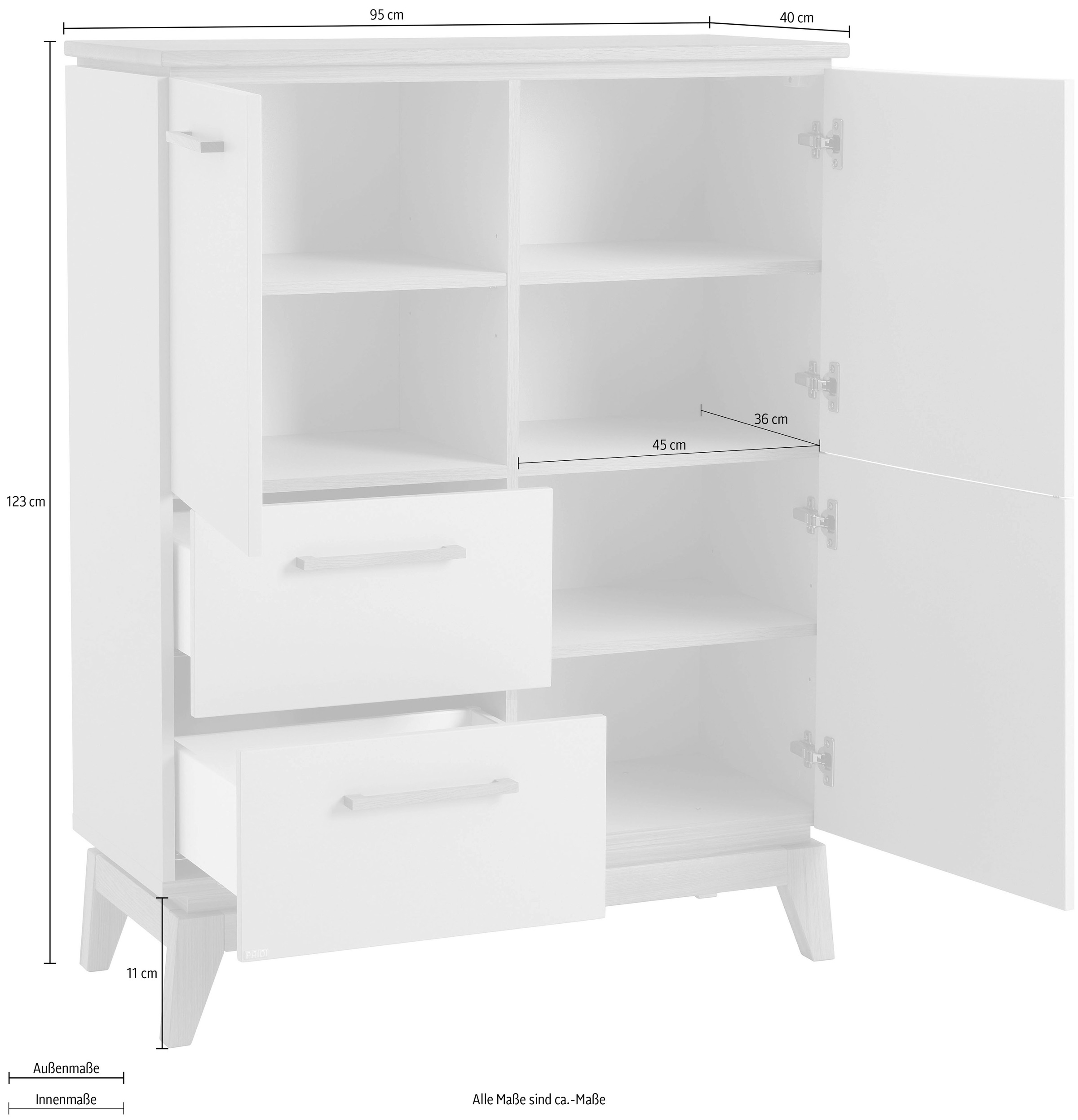 PAIDI Highboard »STIENE in Beige oder Grau, 2 Schubladen und 2 Türen mit Soft-Close« B/H/T ca. 95/123/40cm,  stabiles Regal mit Massivholz, Standregal, geprüfte Qualität