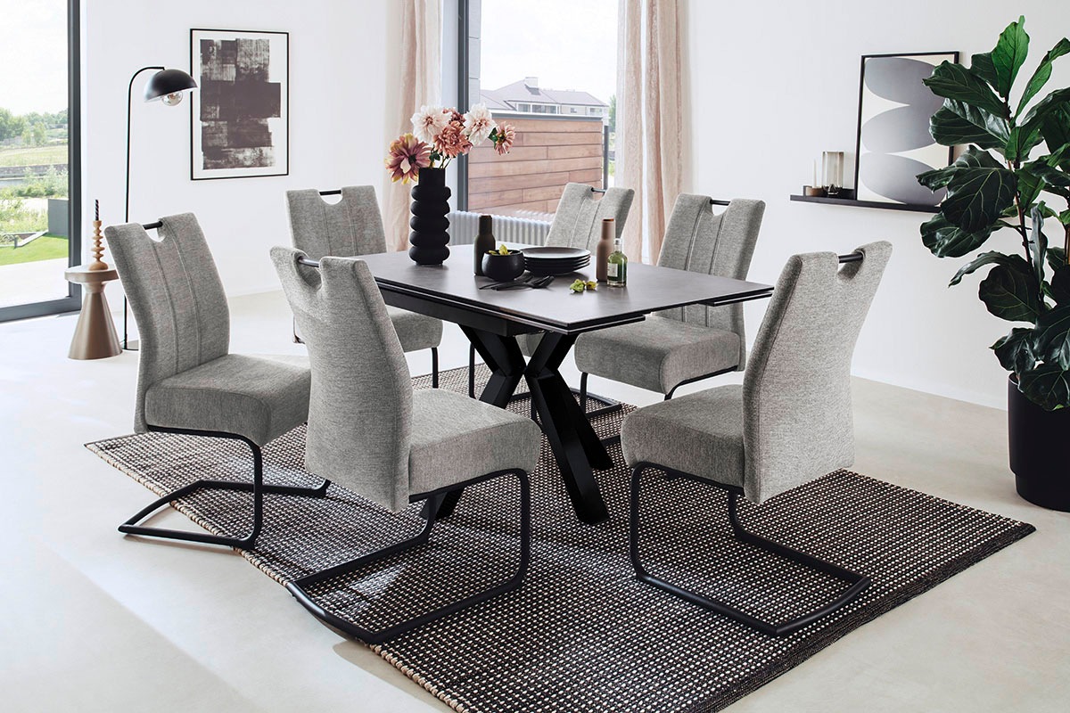 Esstisch MCA FURNITURE "PALLINI Auszugstisch 90-150 cm", grau (hellgrau, schwarz matt lackiert, hellgrau), B:150cm H:76cm T:90cm, Keramik / Sicherheitsglas schwarz lackiert / 13 mm, Metall;Gestell: Metall, schwarz matt lackiert, Tische, Esstisch, Keramik, 2