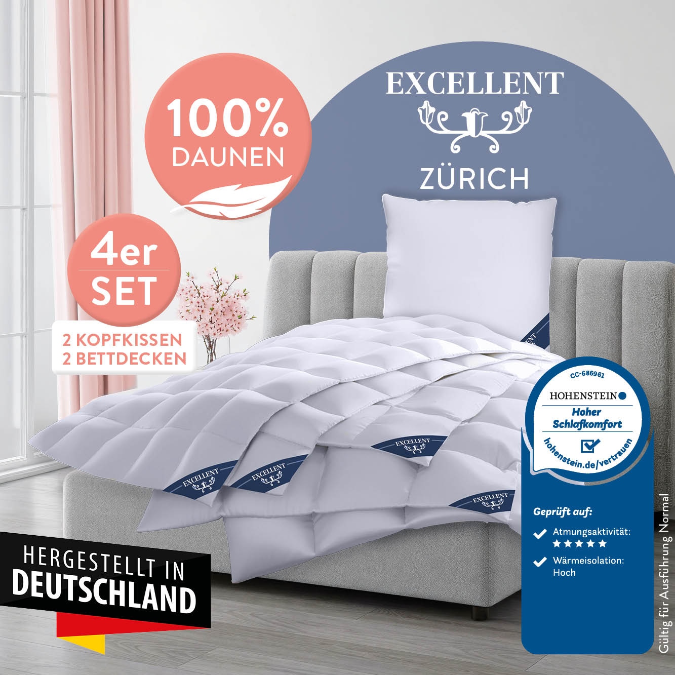 Excellent Daunenbettdecke + Federkissen »Zürich, Bettdecke normal mit Bestnote "Hoher Schlafkomfort" bewertet.« 4-tlg.Set 2x135x200 & 155x220 cm & 2xKissen 80x80 cm