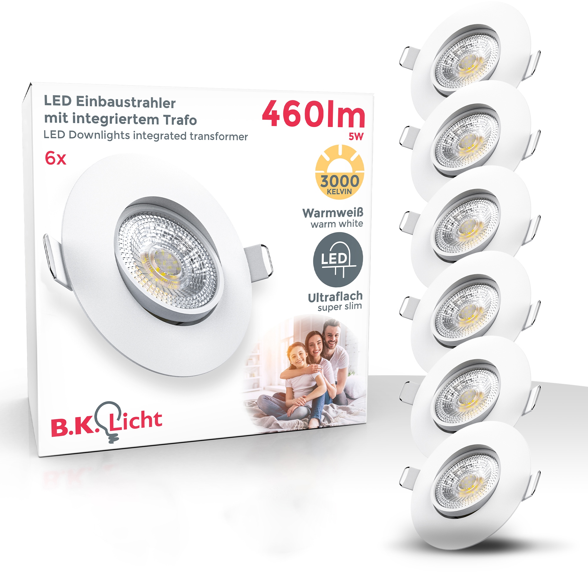 B.K.Licht LED Einbauleuchte, Einbauspots, schwenkbar, IP23, ultra-flach, Deckenspots, warmweiß, 6er Set