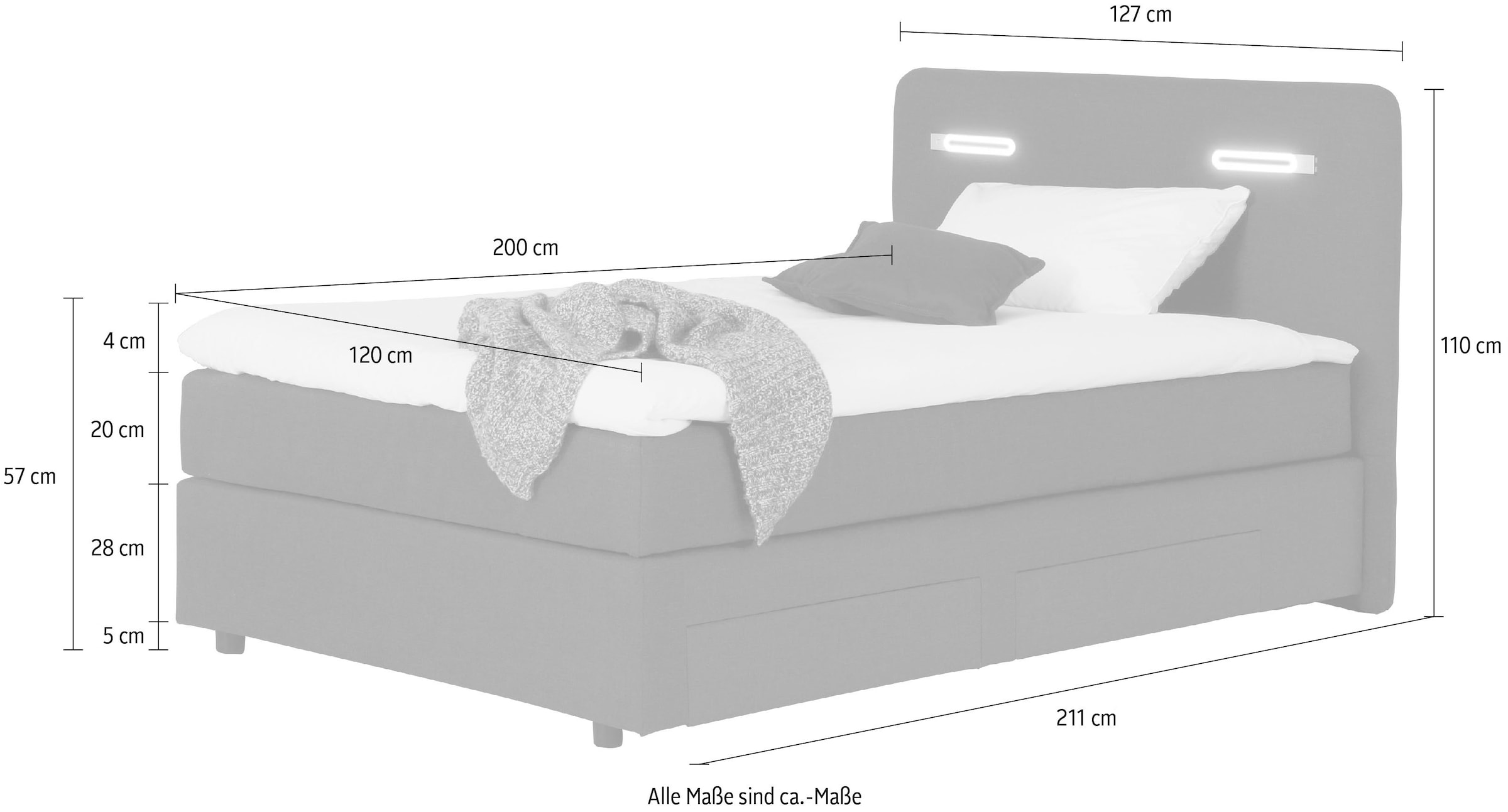 INOSIGN Boxbett »Luan«, Schubkästen, LED-Beleuchtung und Topper, in Breite 120 cm und 180 cm