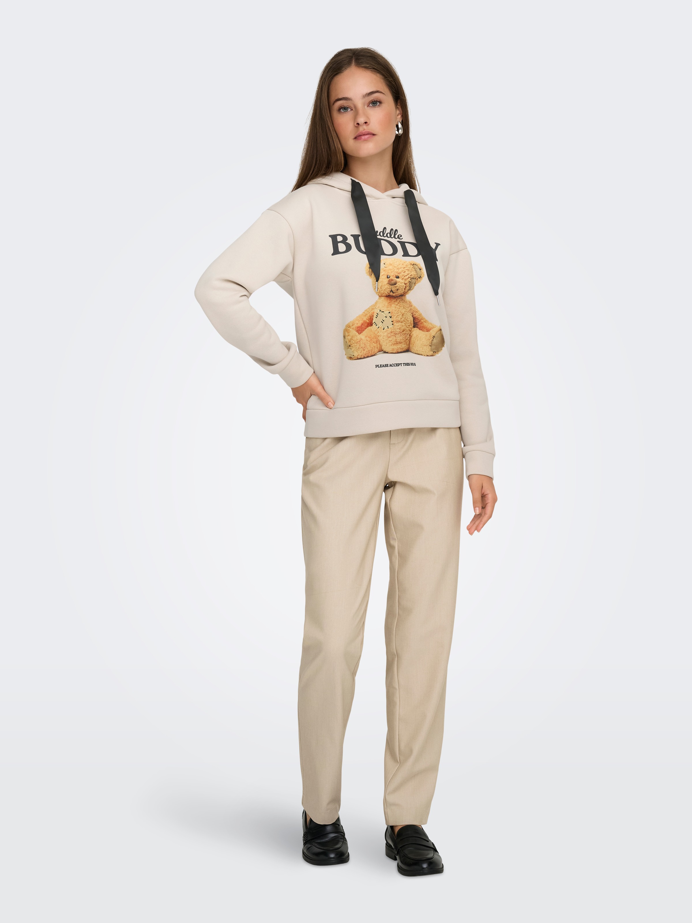 Kapuzensweatshirt ONLY "ONLRICKY L/S HOOD BOX SWT", Damen, Gr. XS, pumice stone print:buddy, schwarz sateen strings, Sweatware, Obermaterial: 50% Baumwolle, 50% Polyester, bedruckt, regular fit, Rundhals, Sweatshirts 3