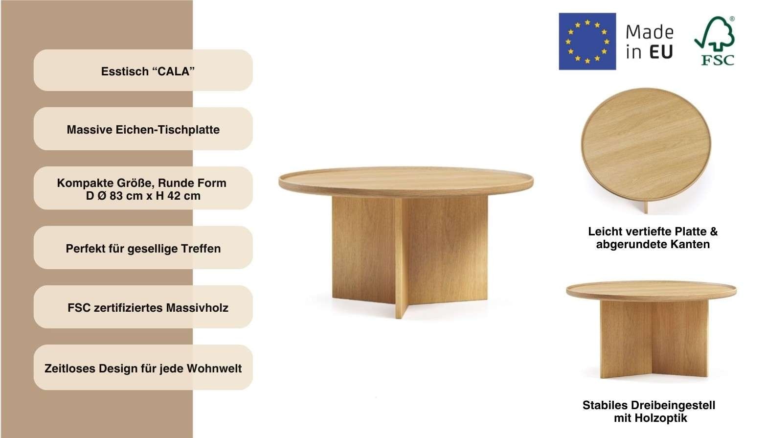 Woodman Couchtisch »Cala« 83/83/42 cm,  Breite 83 cm, rund, Tischplatte aus massiver Eiche, FSC® zertifiziert